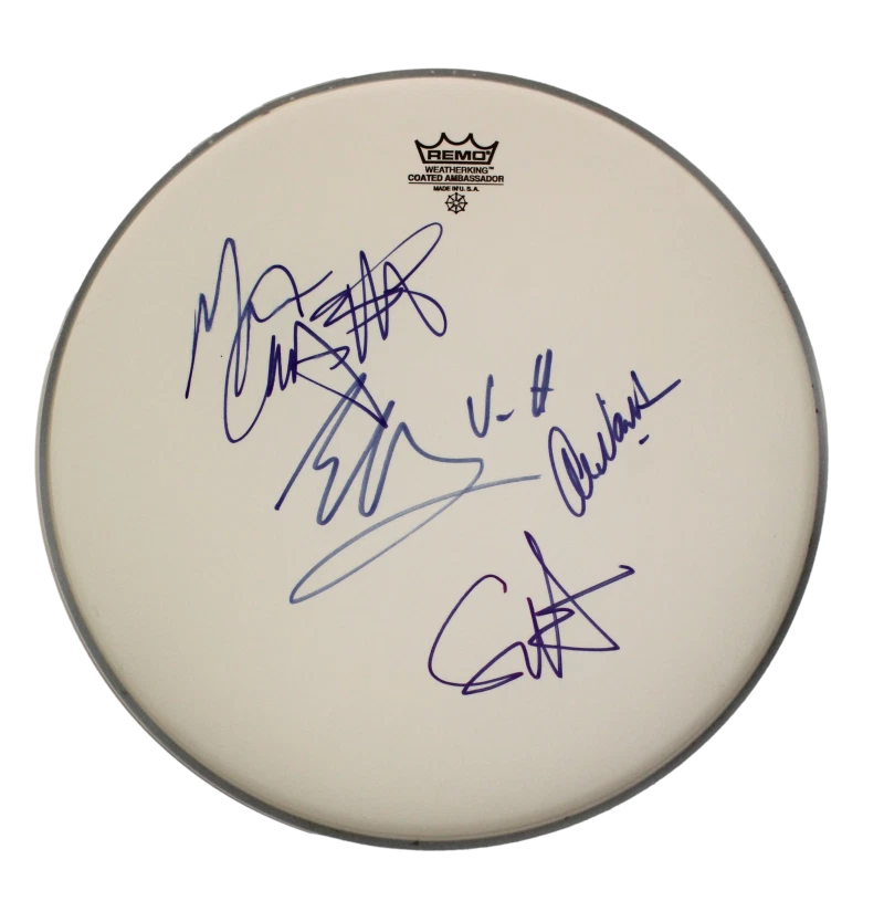 VAN HALEN BAND SIGNED AUTOGRAPH 14″ DRUMHEAD W/ EDDIE ALEX SAMMY HAGAR + JSA COA COLLECTIBLE MEMORABILIA
