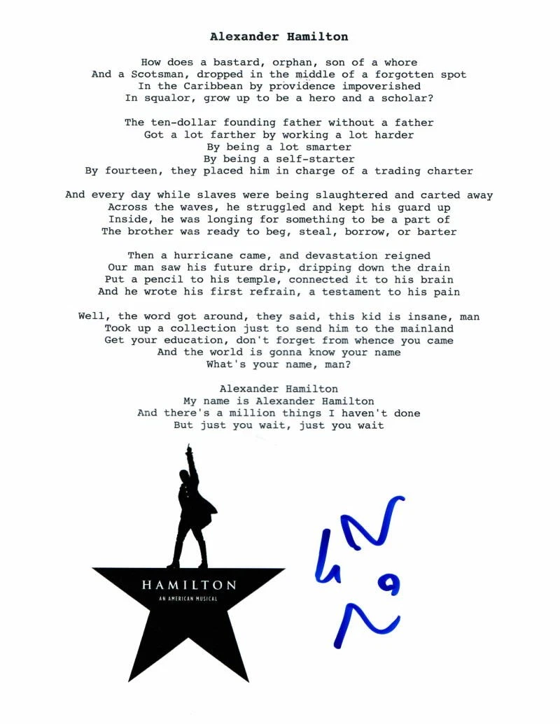 LIN-MANUEL MIRANDA SIGNED AUTOGRAPH ALEXANDER HAMILTON CUSTOM LYRIC SHEET 1/1