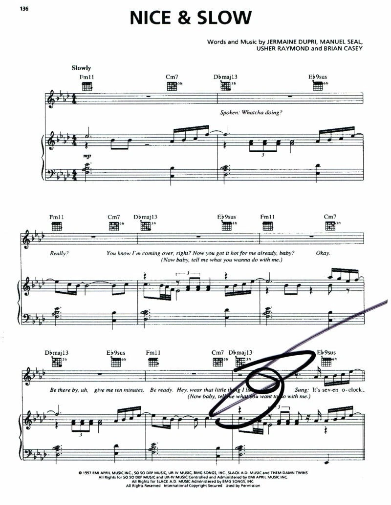 USHER RAYMOND SIGNED AUTOGRAPH “NICE & SLOW” SHEET MUSIC – 8701, CONFESSIONS COLLECTIBLE MEMORABILIA