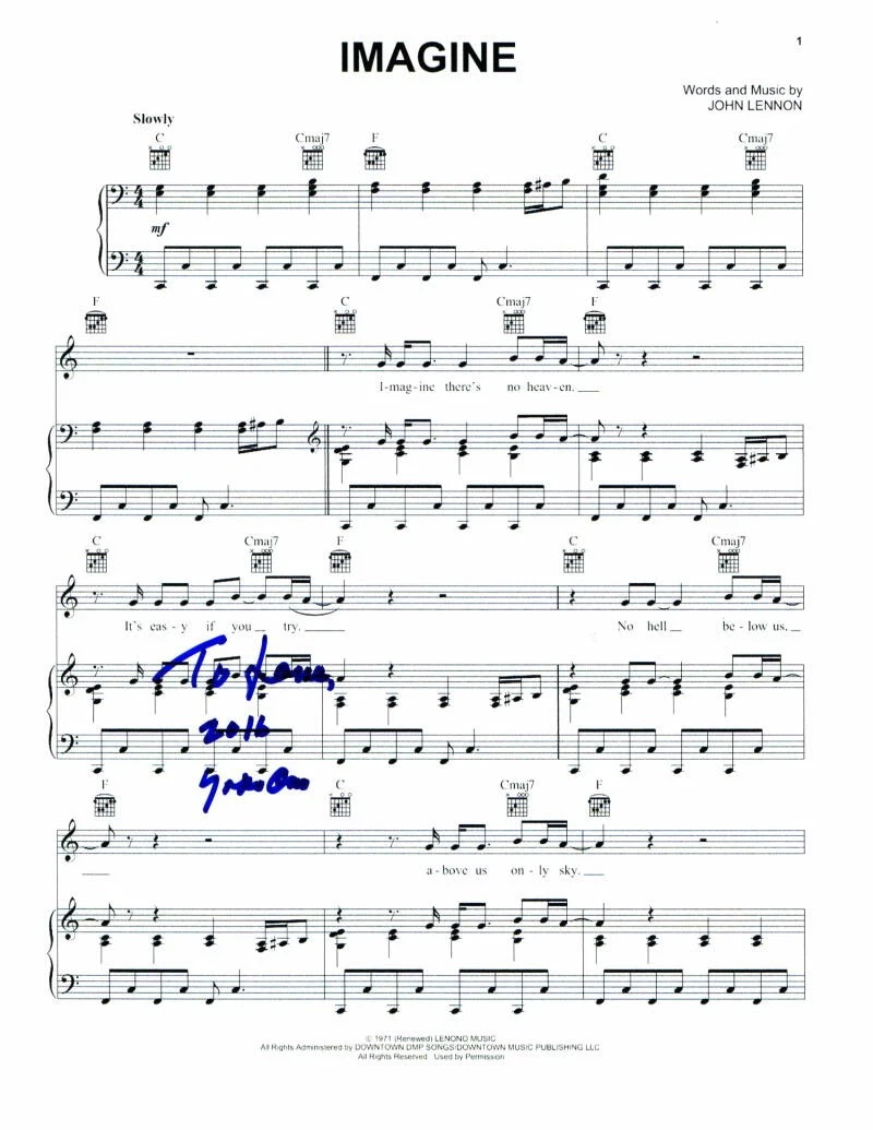 YOKO ONO SIGNED AUTOGRAPH “IMAGINE” SHEET MUSIC – W/ JOHN LENNON BEATLES JSA COA COLLECTIBLE MEMORABILIA