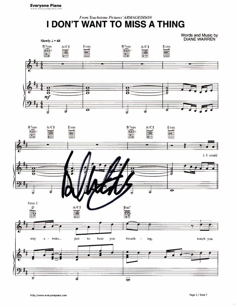 BRAD WHITFORD SIGNED AUTOGRAPH DON'T WANT TO MISS A THING SHEET MUSIC AEROSMITH