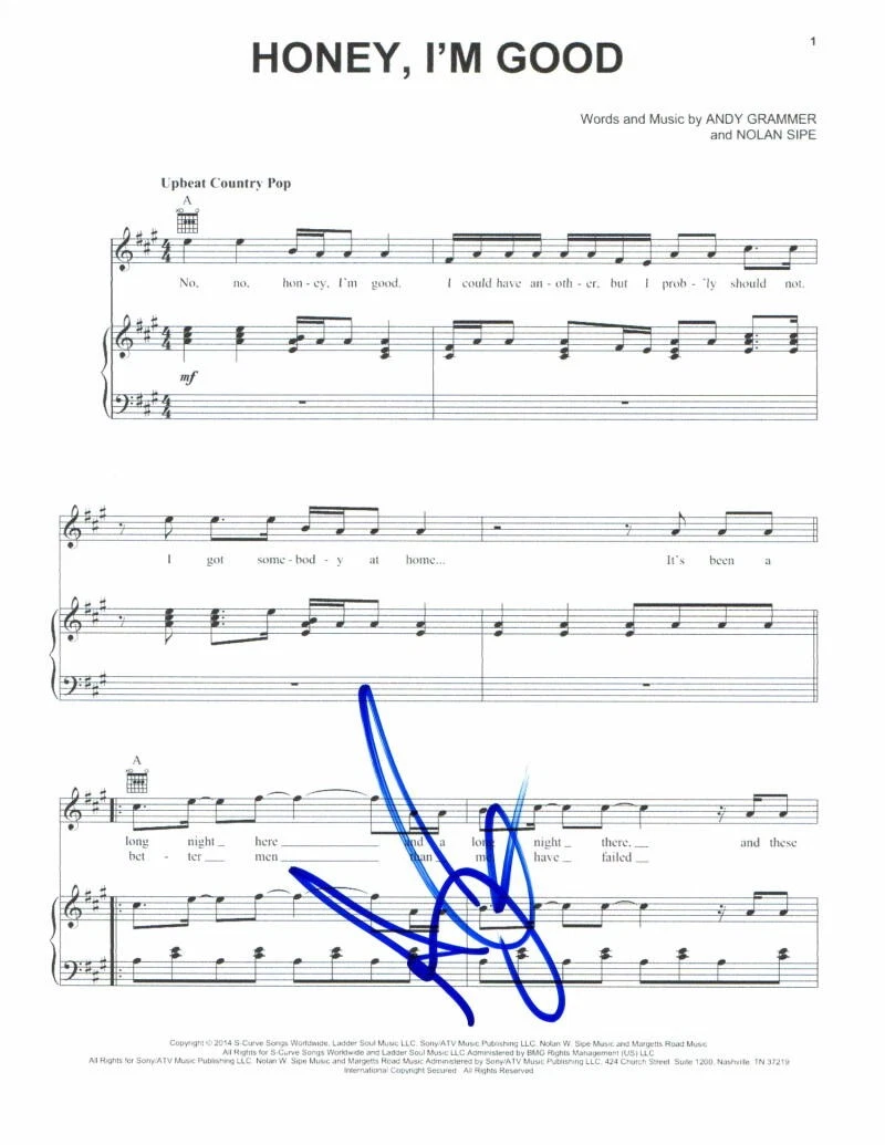 ANDY GRAMMER SIGNED AUTOGRAPH “HONEY I’M GOOD” SHEET MUSIC – MAGAZINES OR NOVELS COLLECTIBLE MEMORABILIA