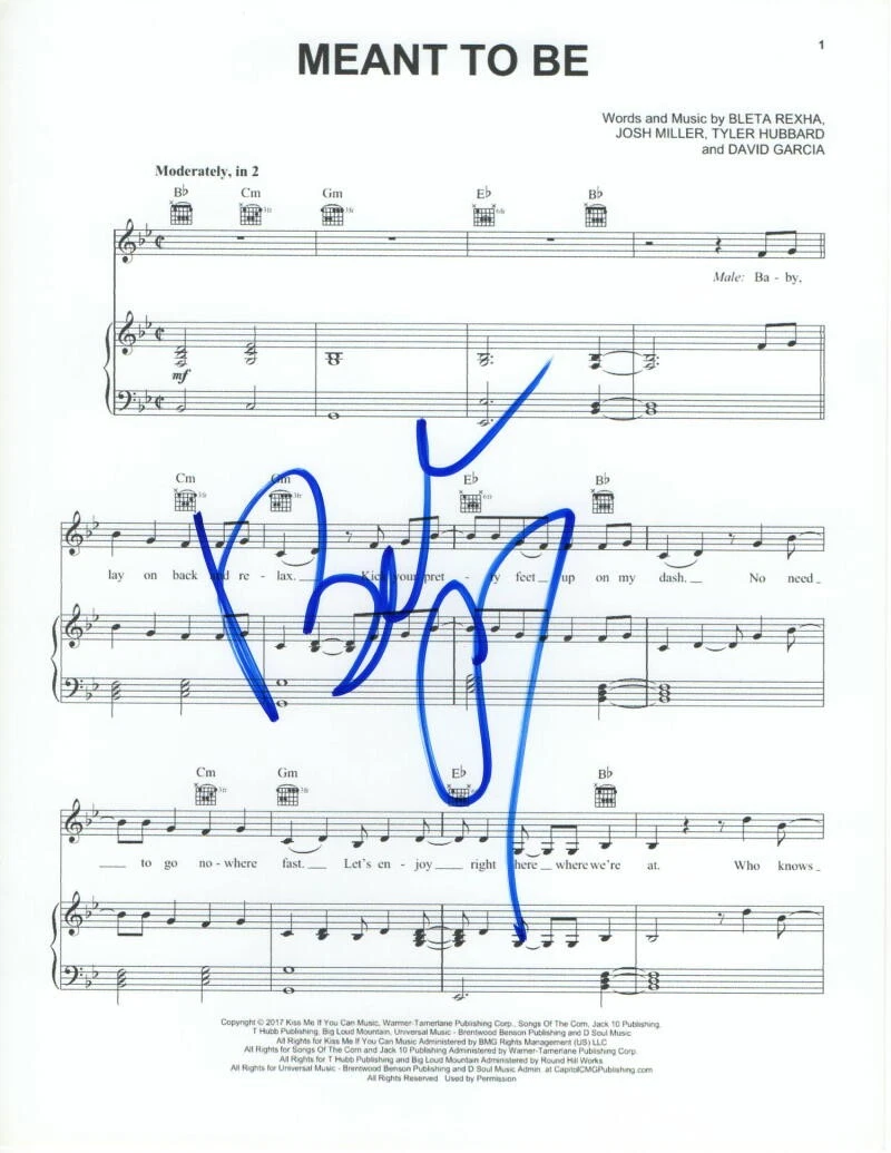 BEBE REXHA SIGNED AUTOGRAPH “MEANT TO BE” SHEET MUSIC – SEXY EXPECTATIONS SINGER COLLECTIBLE MEMORABILIA
