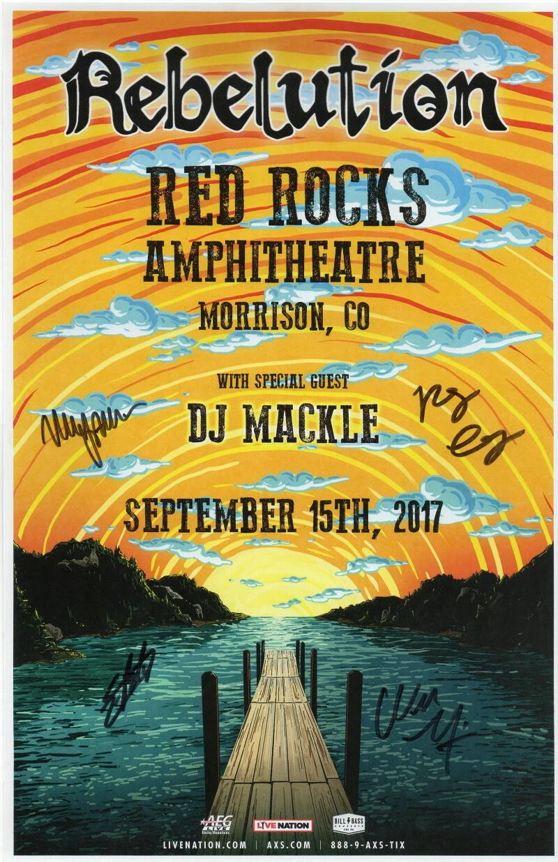 REBELUTION FULL BAND (X4) SIGNED AUTOGRAPH 11X17 TOUR POSTER - RED ROCKS 2017