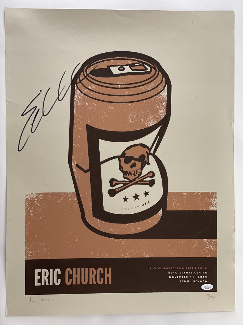 ERIC CHURCH SIGNED AUTOGRAPH 18X24 CONCERT TOUR POSTER BLOOD, SWEAT & BEERS JSA