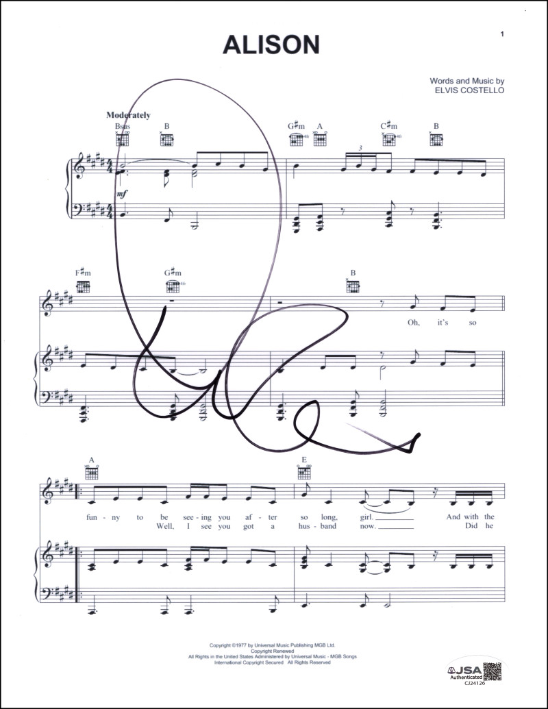 Elvis Costello Signed Autograph Alison Sheet Music - My Aim is True w/ JSA COA