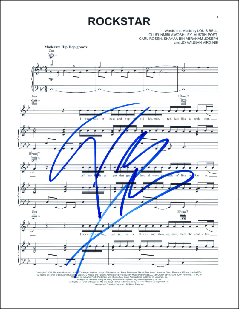 Post Malone Signed Autograph Rockstar Sheet Music - Beerbongs & Bentleys