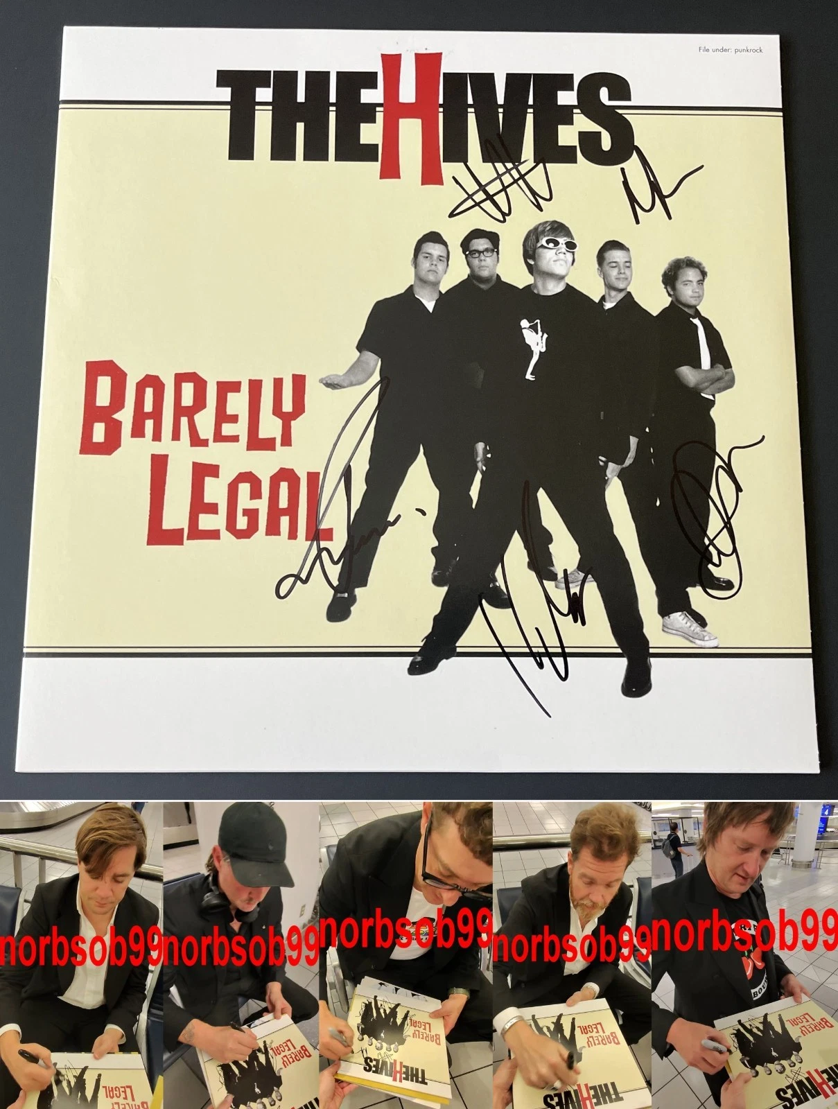 THE HIVES SIGNED AUTOGRAPH BARELY LEGAL VINYL RECORD ALBUM LP w/EXACT PROOF