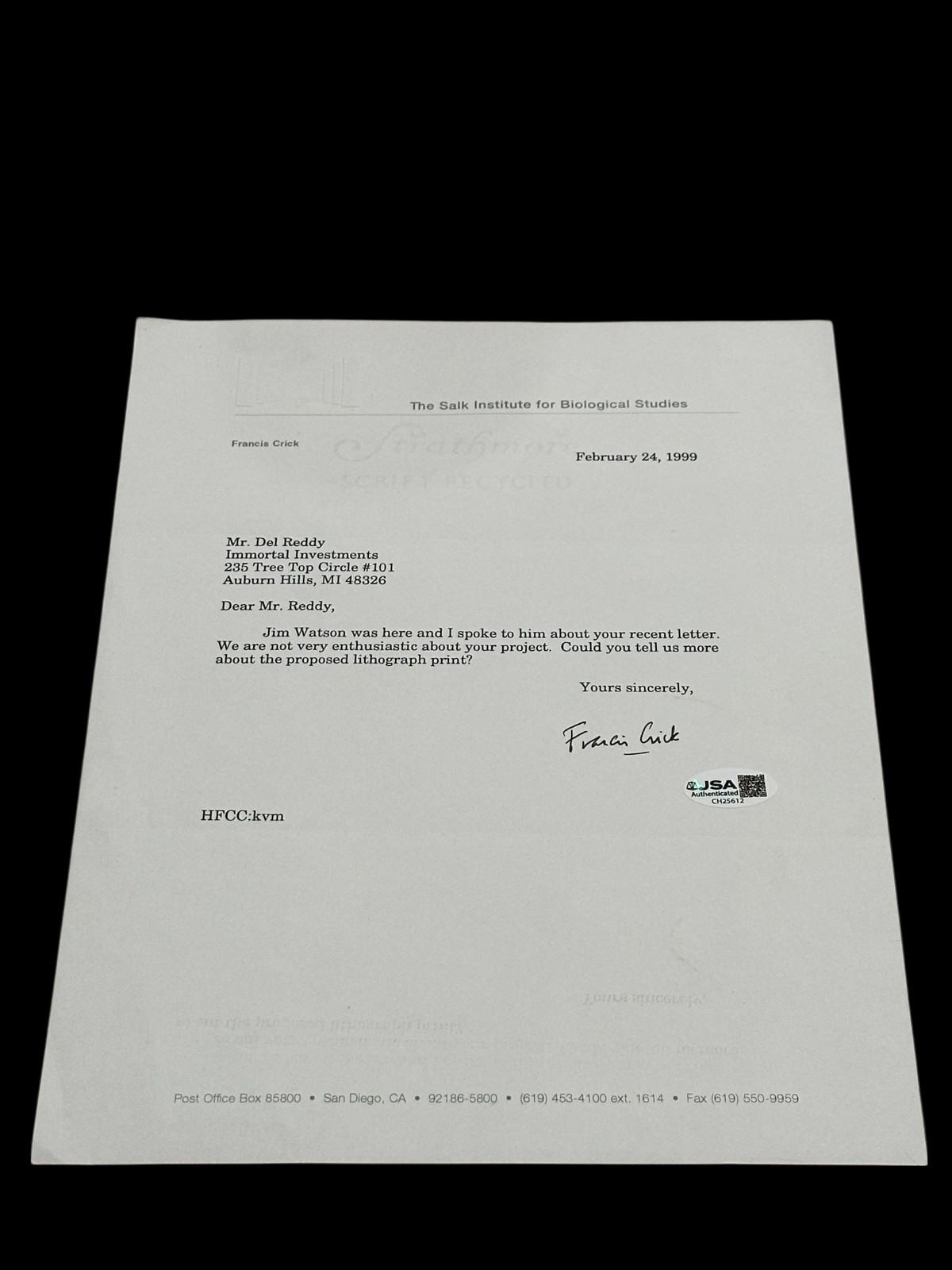 Francis Crick DNA Double Helix Nobel Prize Signed Autograph James Watson TSL JSA