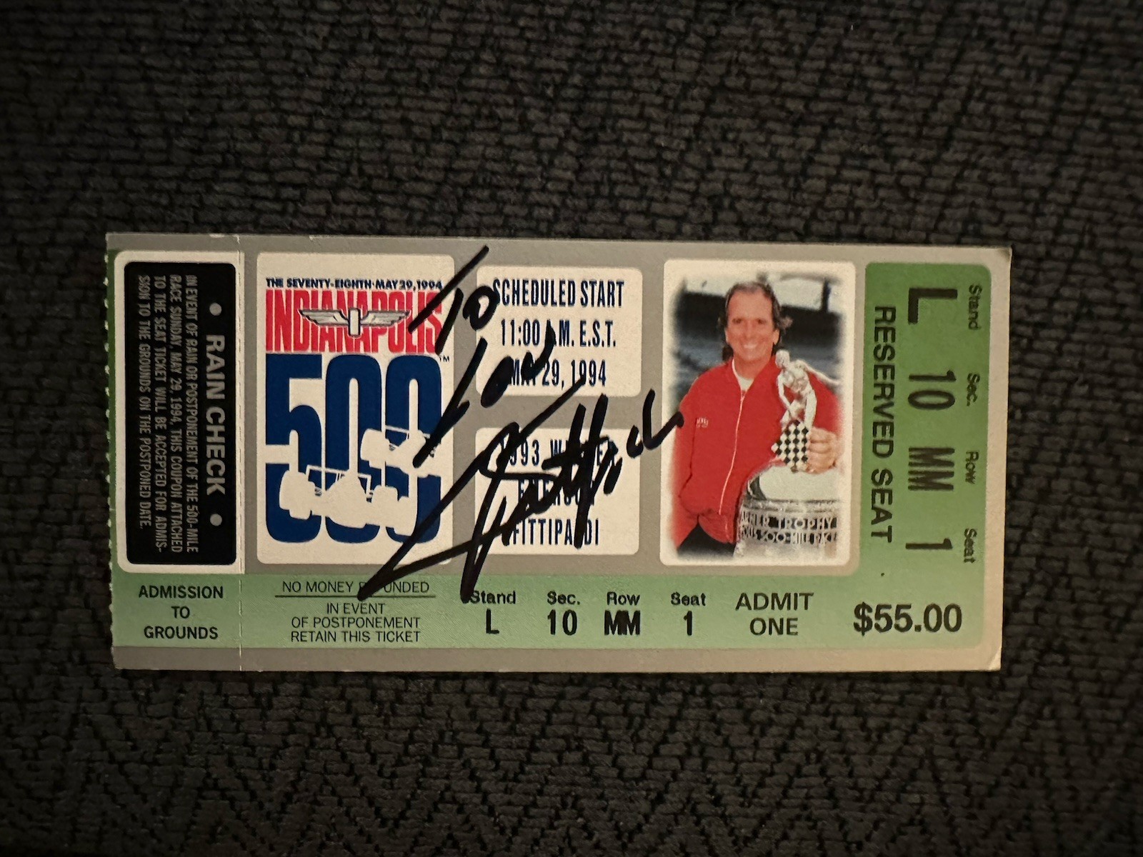 1994 Indy 500 Emerson Fittipaldi Signed Ticket Stub 1993 Indy Race Winner To Lou