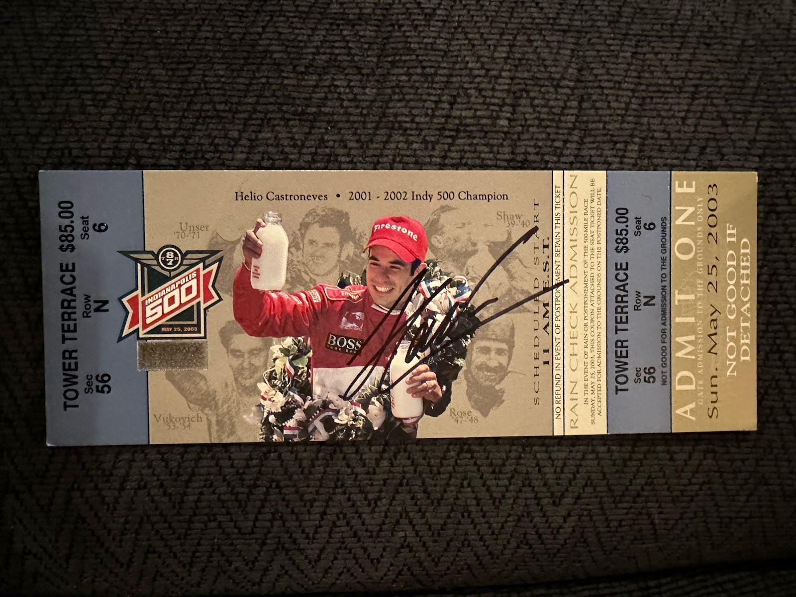 Helio Castroneves (2002 Winner) Signed Indianapolis Indy 500 Ticket 2003 Race
