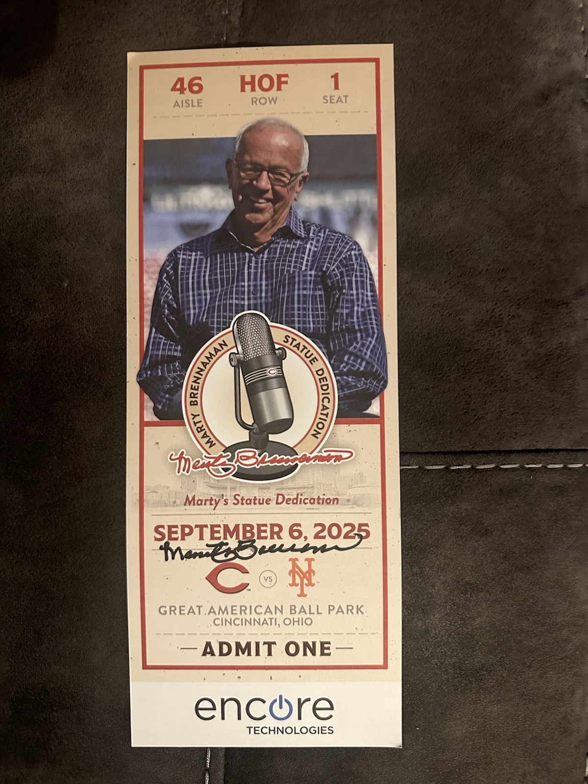 Marty Brennaman Signed 2025 Commemorative Ticket Cincinnati Reds Statue 9/6/25