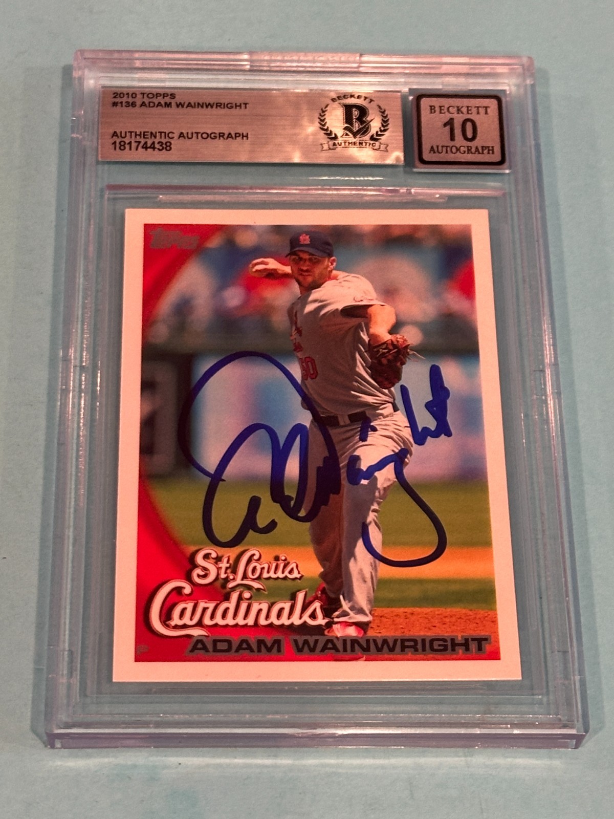ADAM WAINWRIGHT Signed 2010 TOPPS Card #136 Beckett Auth BAS AUTO 10