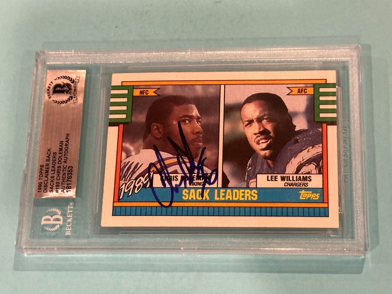 CHRIS DOLEMAN Signed 1990 TOPPS SACKS LEADERS Card #193 Beckett BAS DISCLAIMER