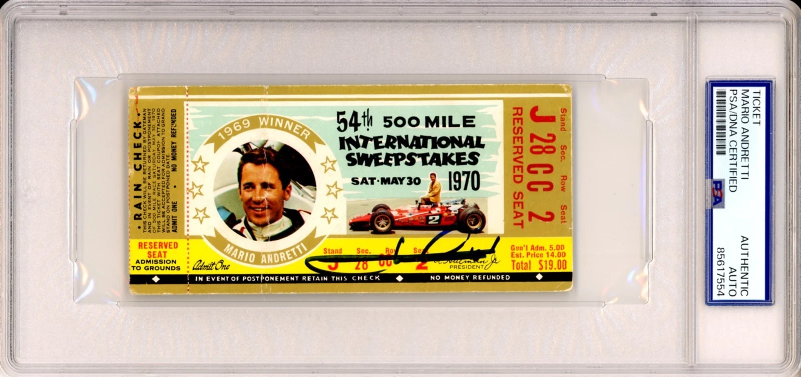 1970 Indy Indianapolis 500 Ticket Signed 1969 Winner Mario Andretti PSA DNA COA