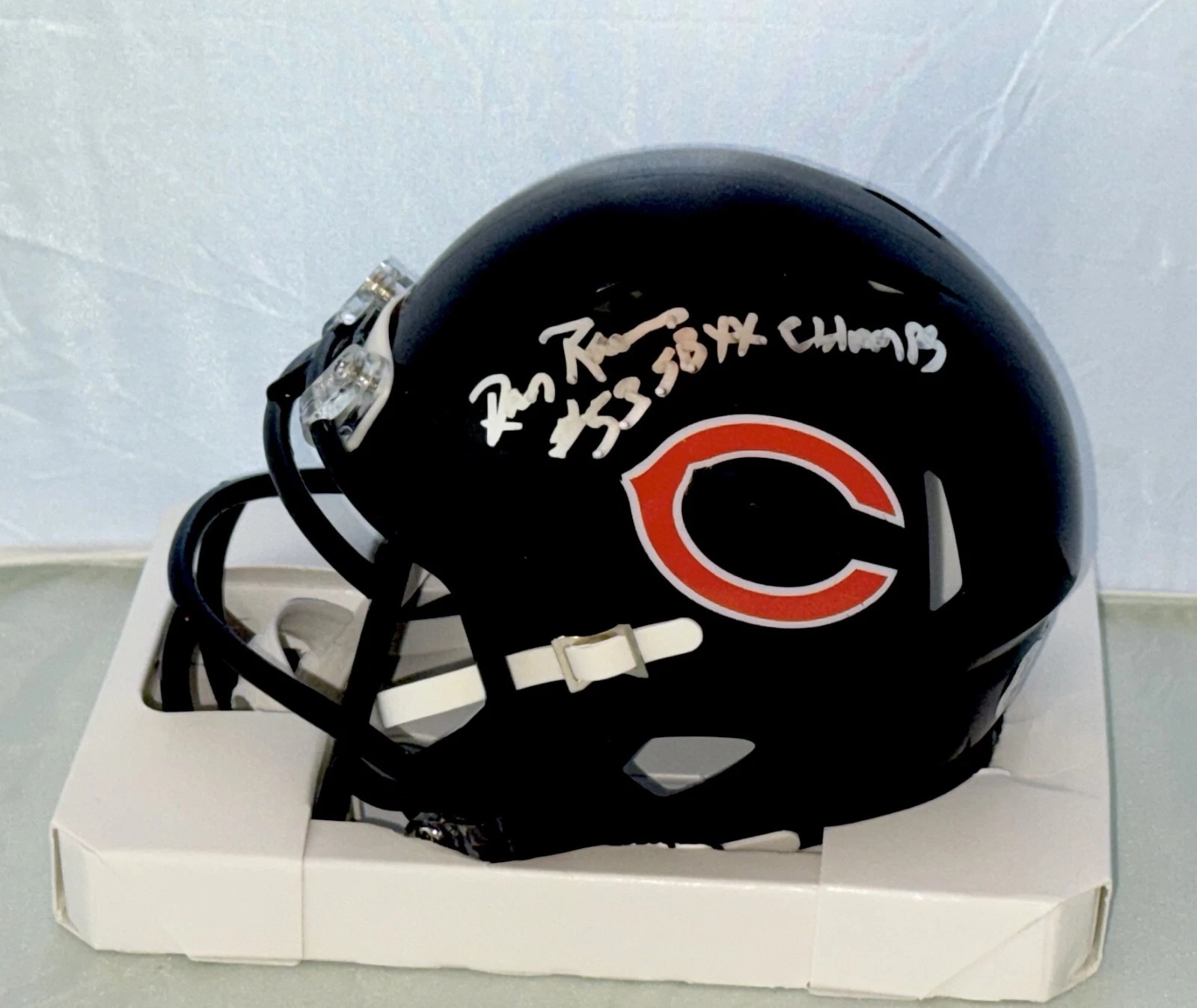 Dan Rains signed Chicago Bears mini helmet W/ SB XX Inscrip Beckett Witness COA