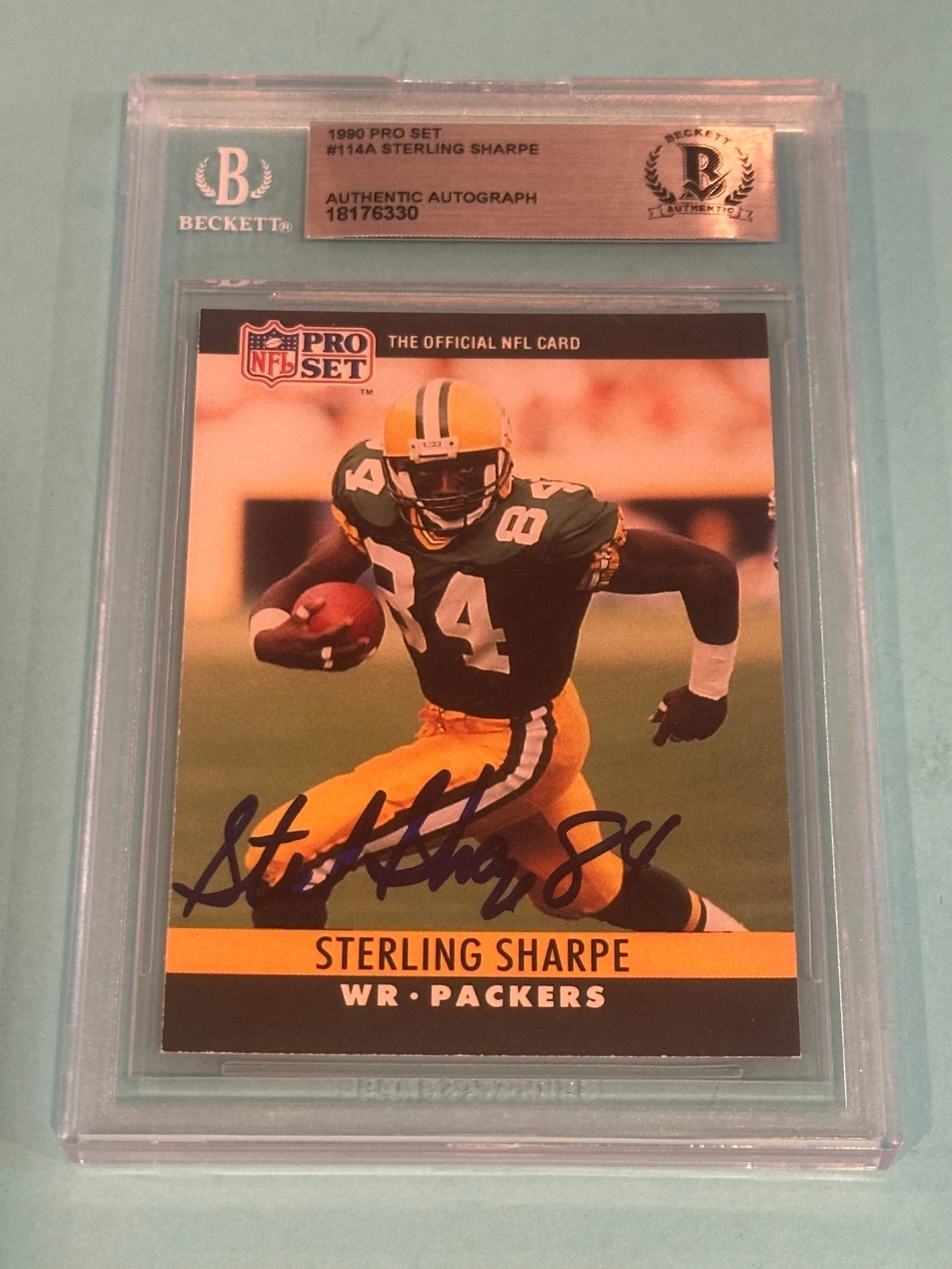 STERLING SHARPE Signed 1990 PRO SET Card #114A Beckett Authentication (BAS)