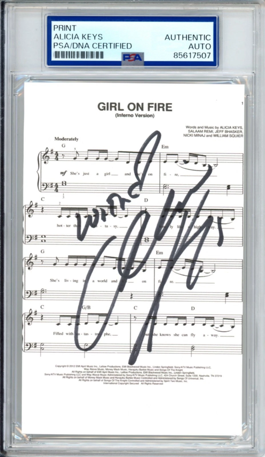Alicia Keys SIGNED Girl On Fire Music Lyric Sheet Print PSA DNA COA AUTOGRAPHED