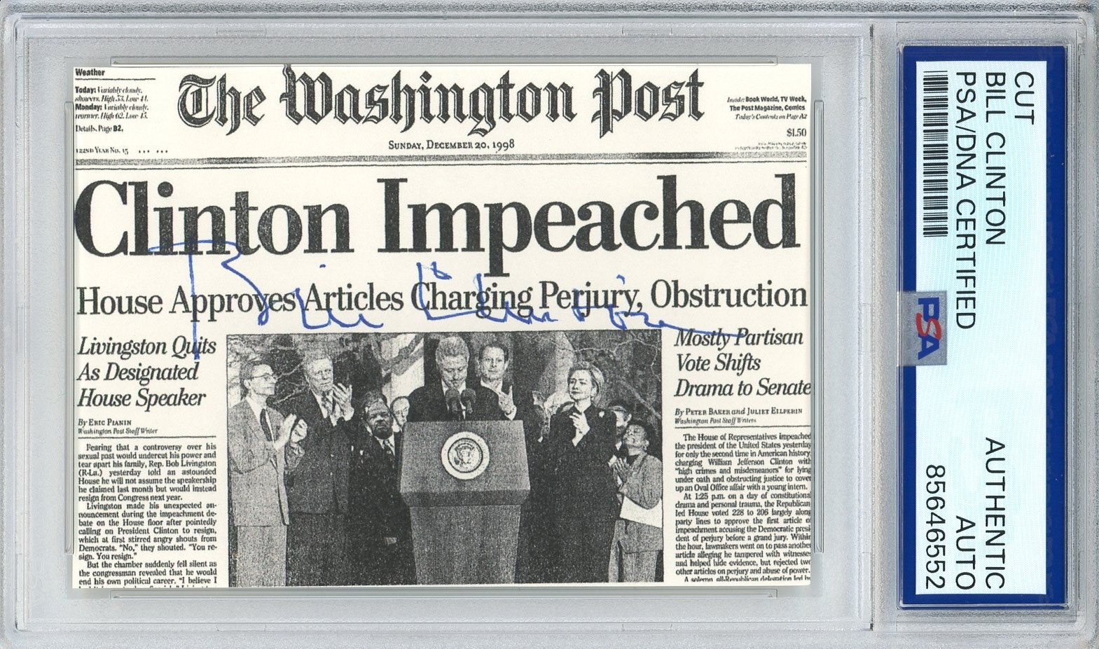 President Bill Clinton SIGNED Washington Post Impeachment Cut PSA DNA COA Auto