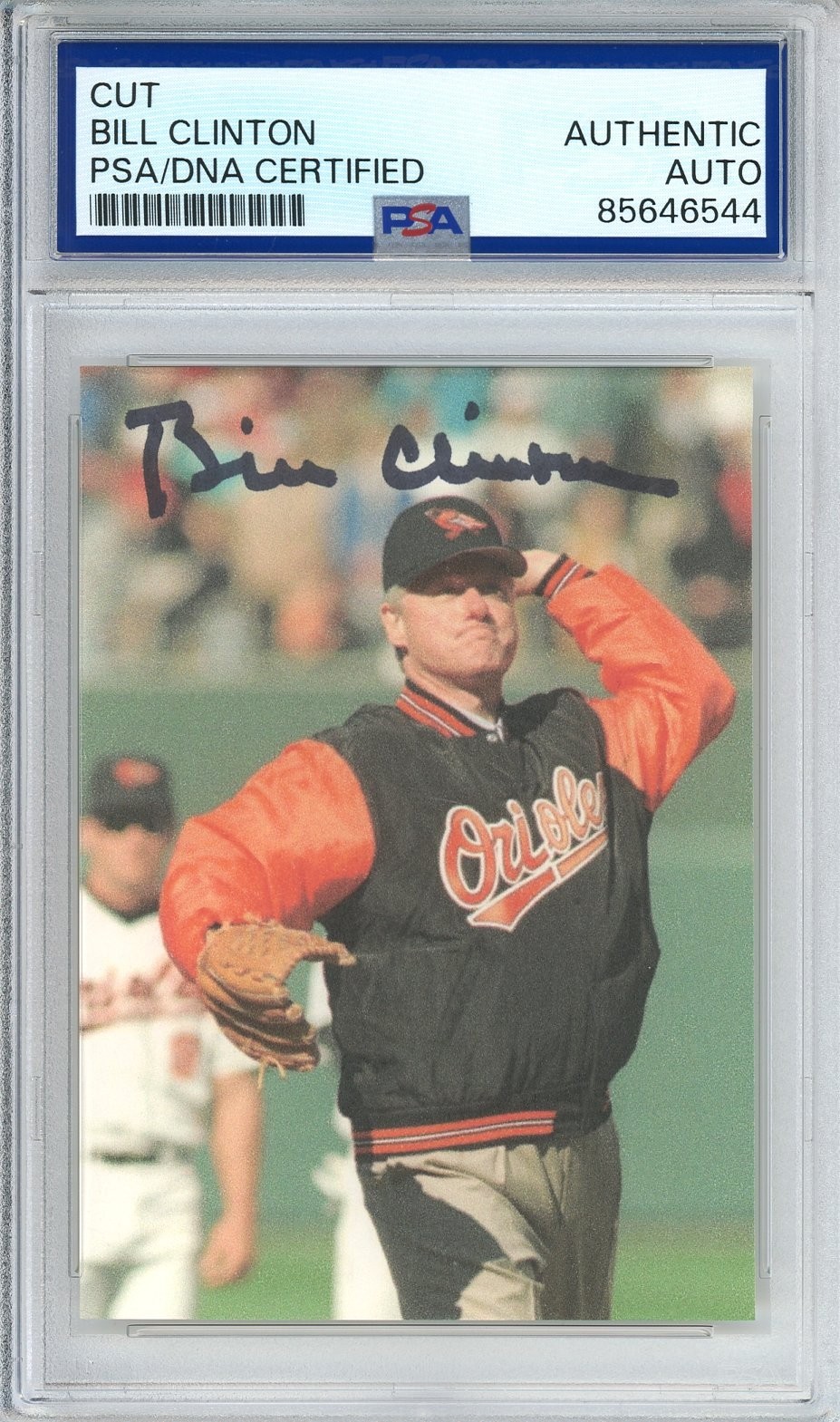 President Bill Clinton SIGNED AUTOGRAPHED Baltimore Orioles Baseball Cut PSA DNA