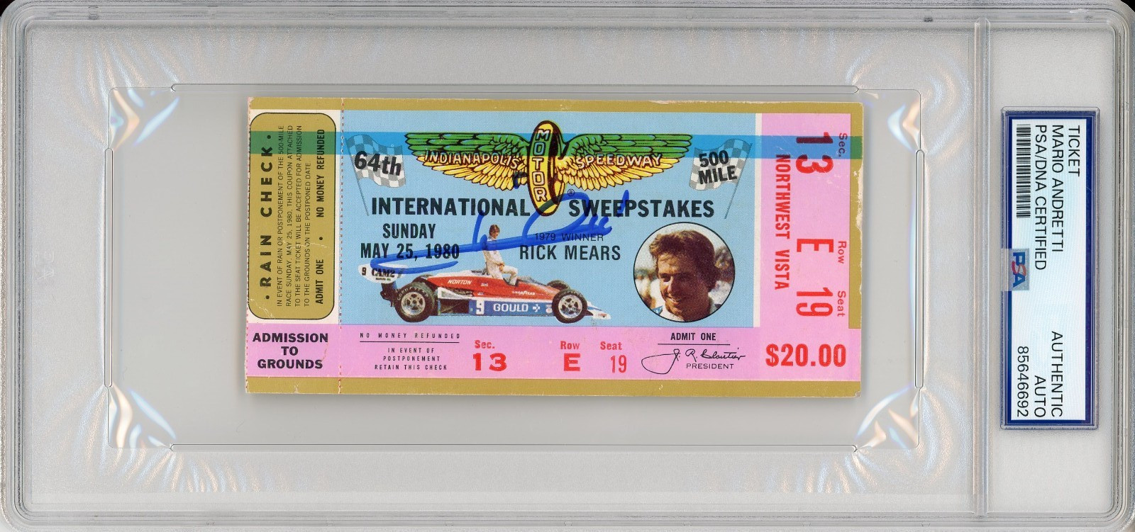 1980 Indy Indianapolis 500 Ticket Signed Mario Andretti PSA DNA COA Autograph F1