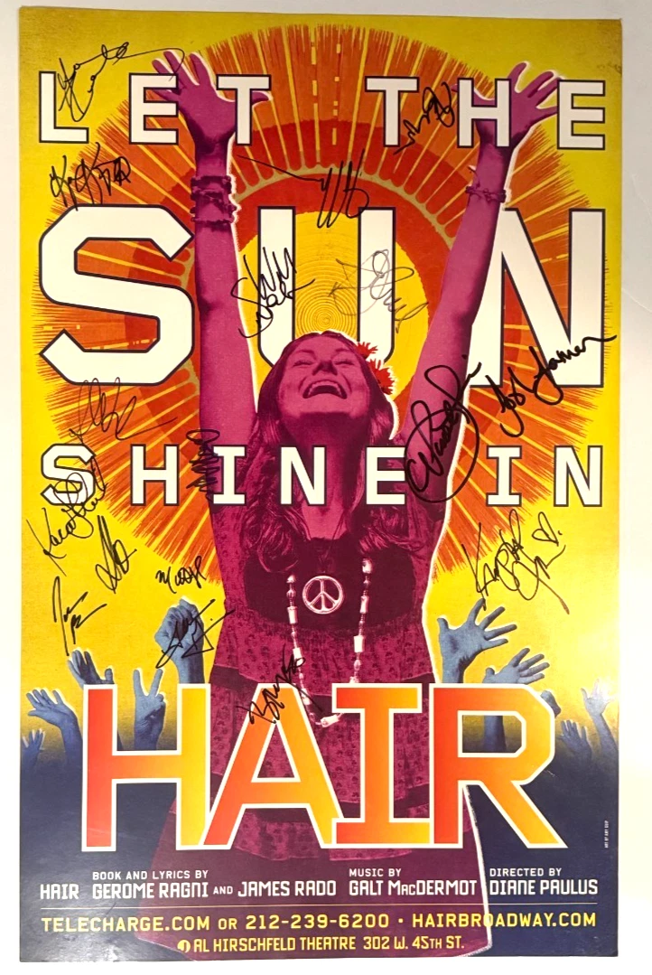 HAIR REAL hand SIGNED Cast 2009 Broadway Revival Official poster COA Gavin Creel
