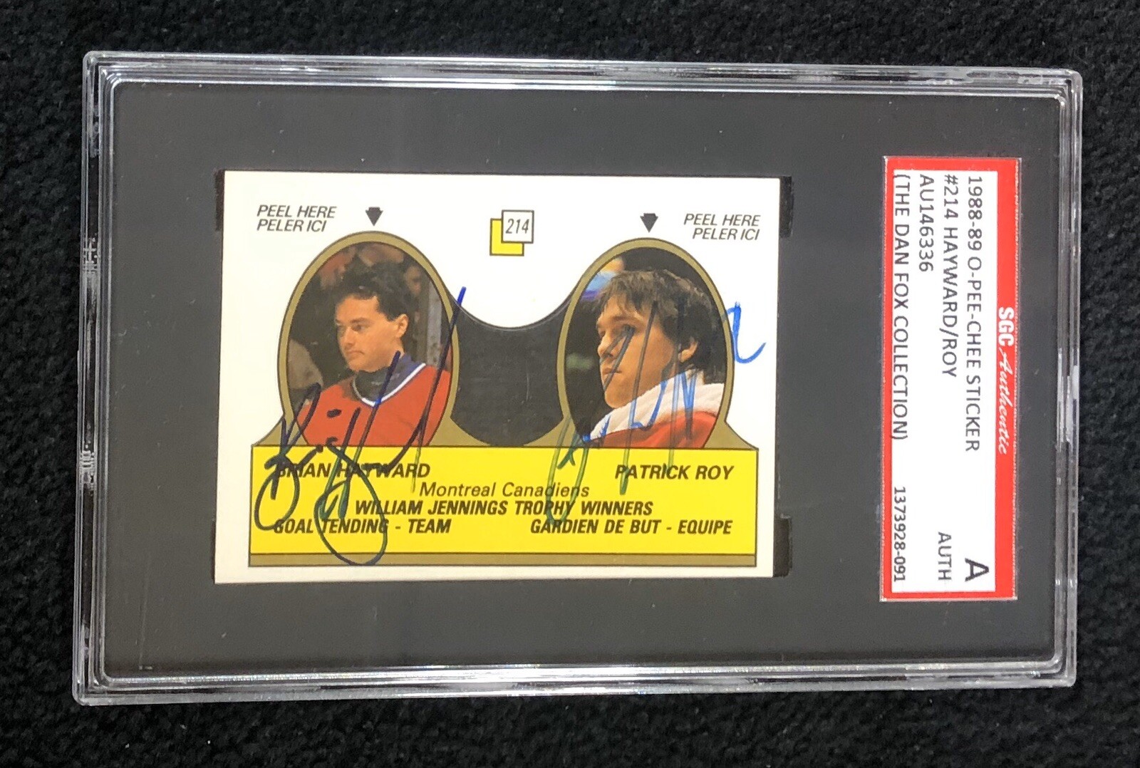 Patrick Roy & Brian Hayward Signed 1988/89 O-Pee-Chee Sticker #214 SGC Certified