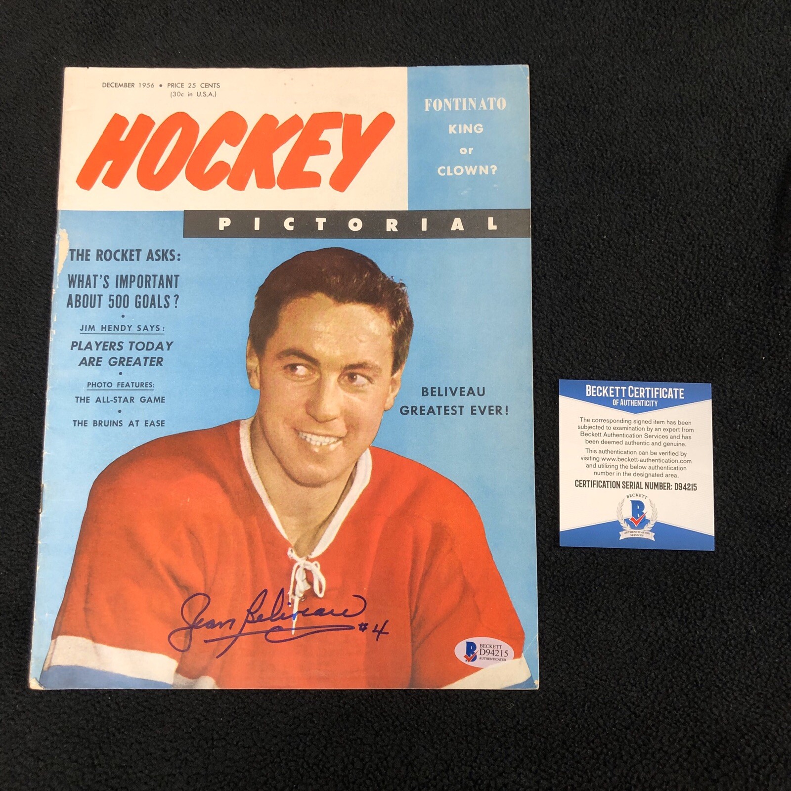 Jean Beliveau Signed Montreal Canadiens Hockey Pictorial Magazine Beckett COA