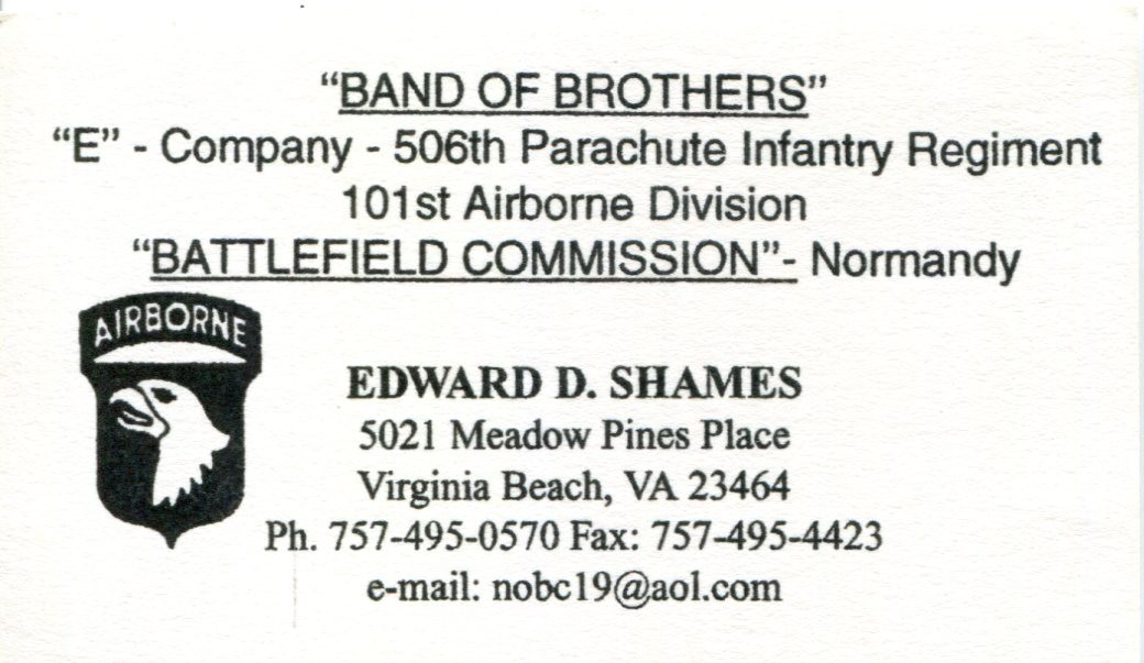 Edward Shames 101st Airborne Band Of Brother WWII Rare Signed Autograph Biz Card