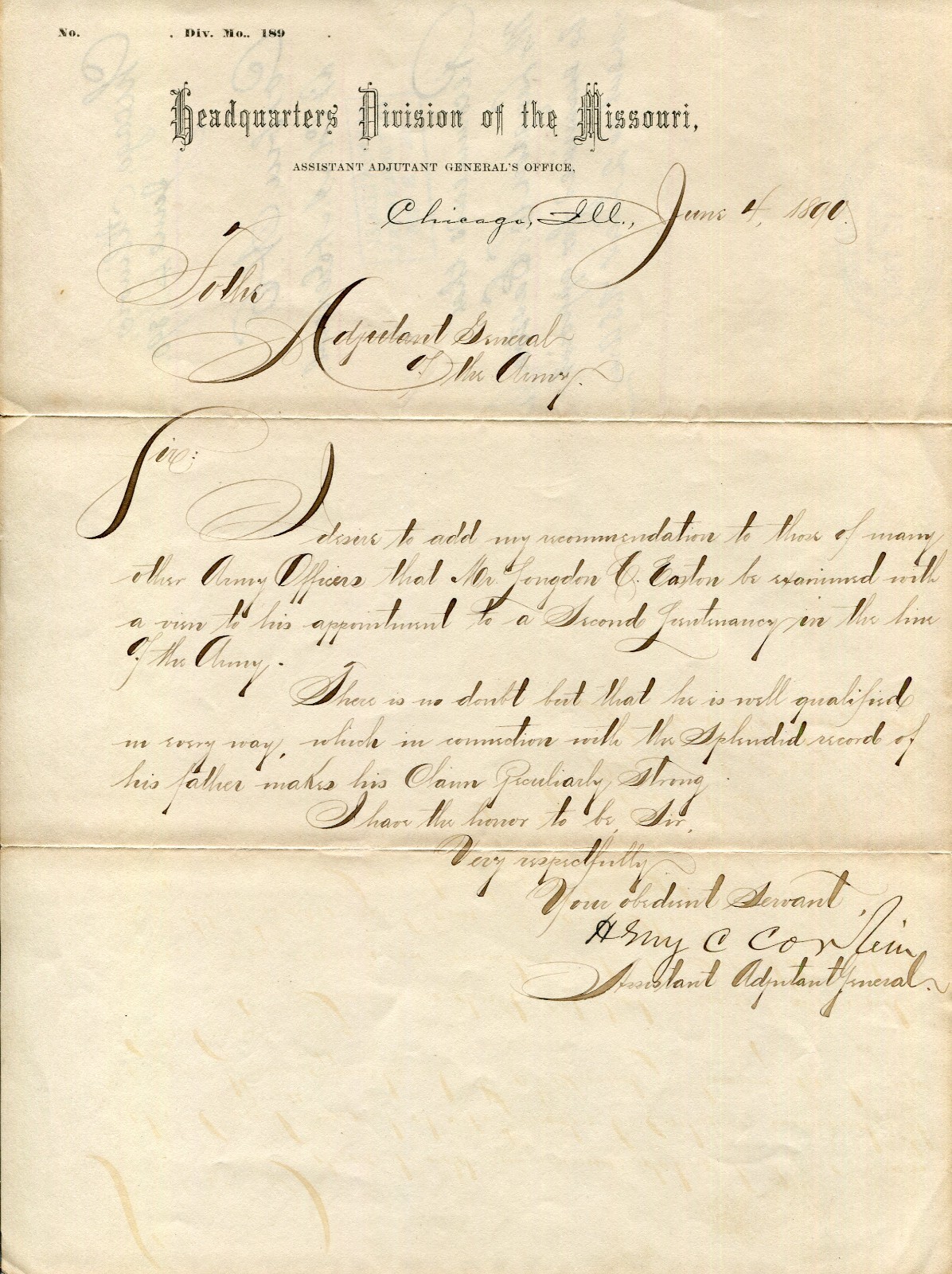 Henry Clark Corbin Adjutant General US Army Civil War Signed Autograph Letter