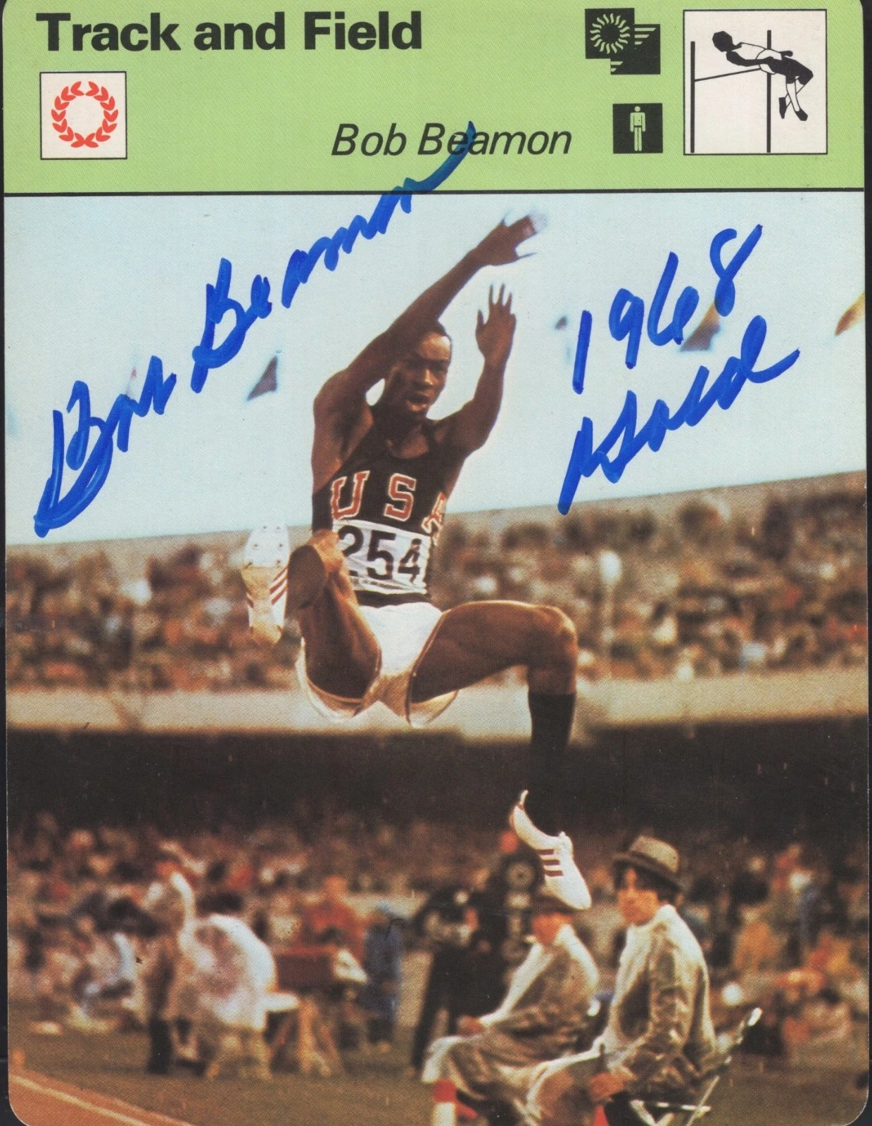 BOB BEAMON 1968 GOLD SIGNED TRACK AND FIELD SPORTSCASTER CARD BECKETT