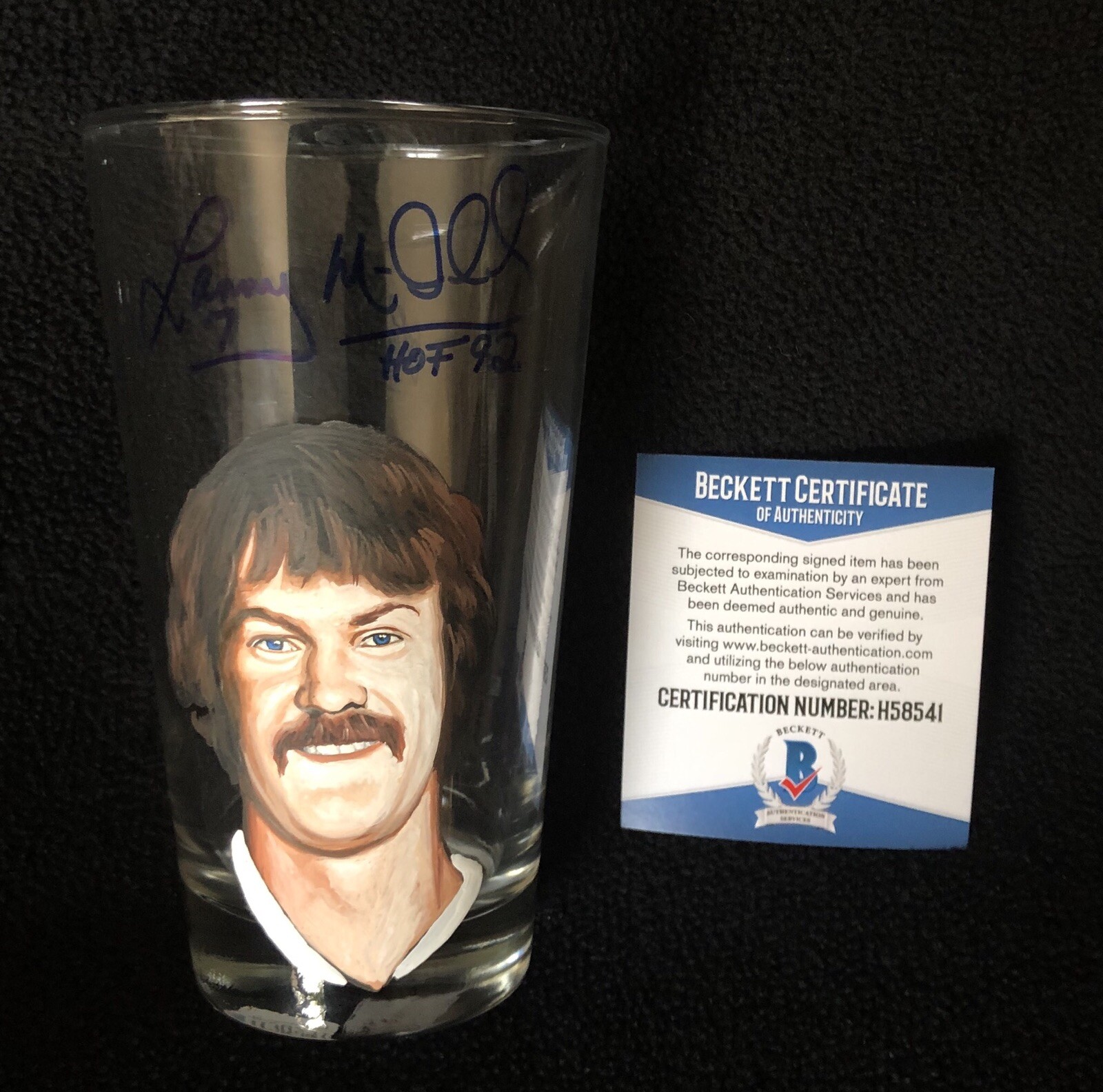 Lanny McDonald Signed & Inscribed Painted Calgary Flames Pint Glass Beckett COA