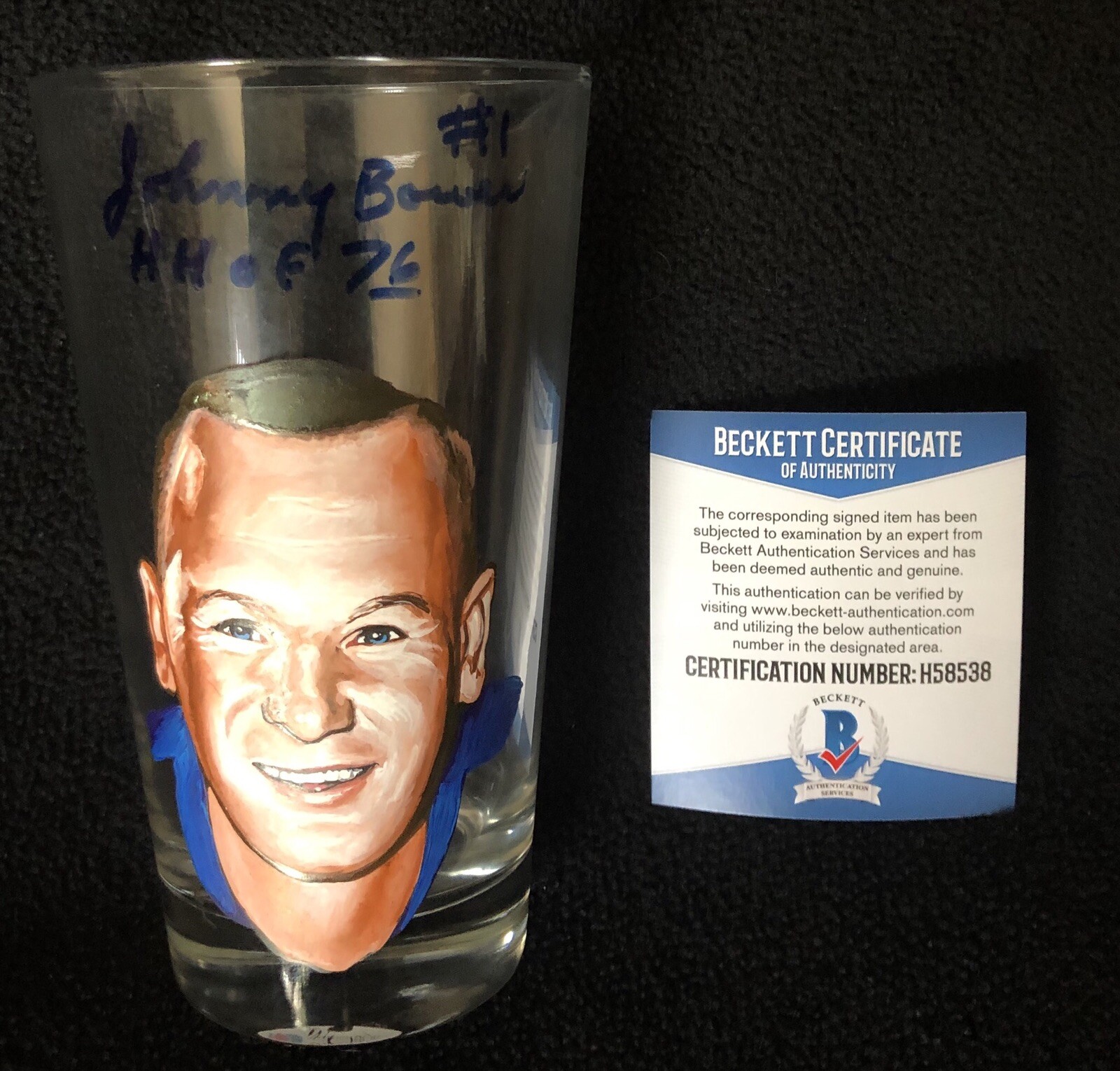 Johnny Bower Signed & Inscribed Painted Maple Leafs Pint Glass Beckett COA
