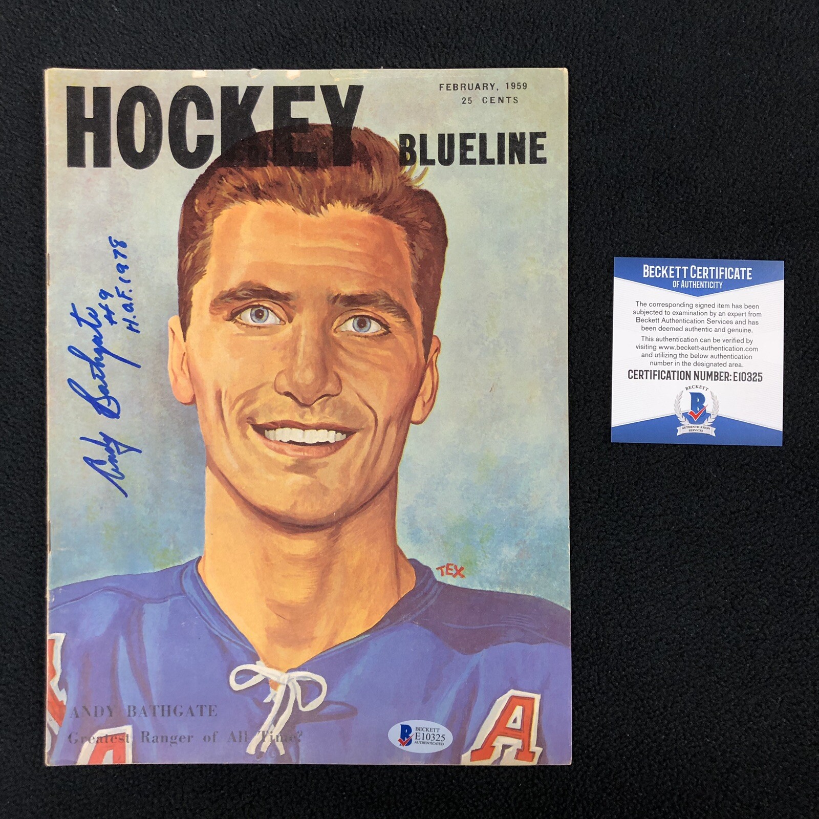 Andy Bathgate Signed New York Rangers 1959 Hockey Blueline Magazine Beckett COA