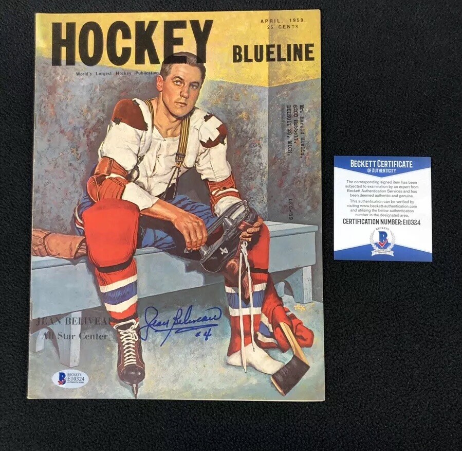 Jean Beliveau Signed Montreal Canadiens Hockey Blueline Magazine Beckett COA