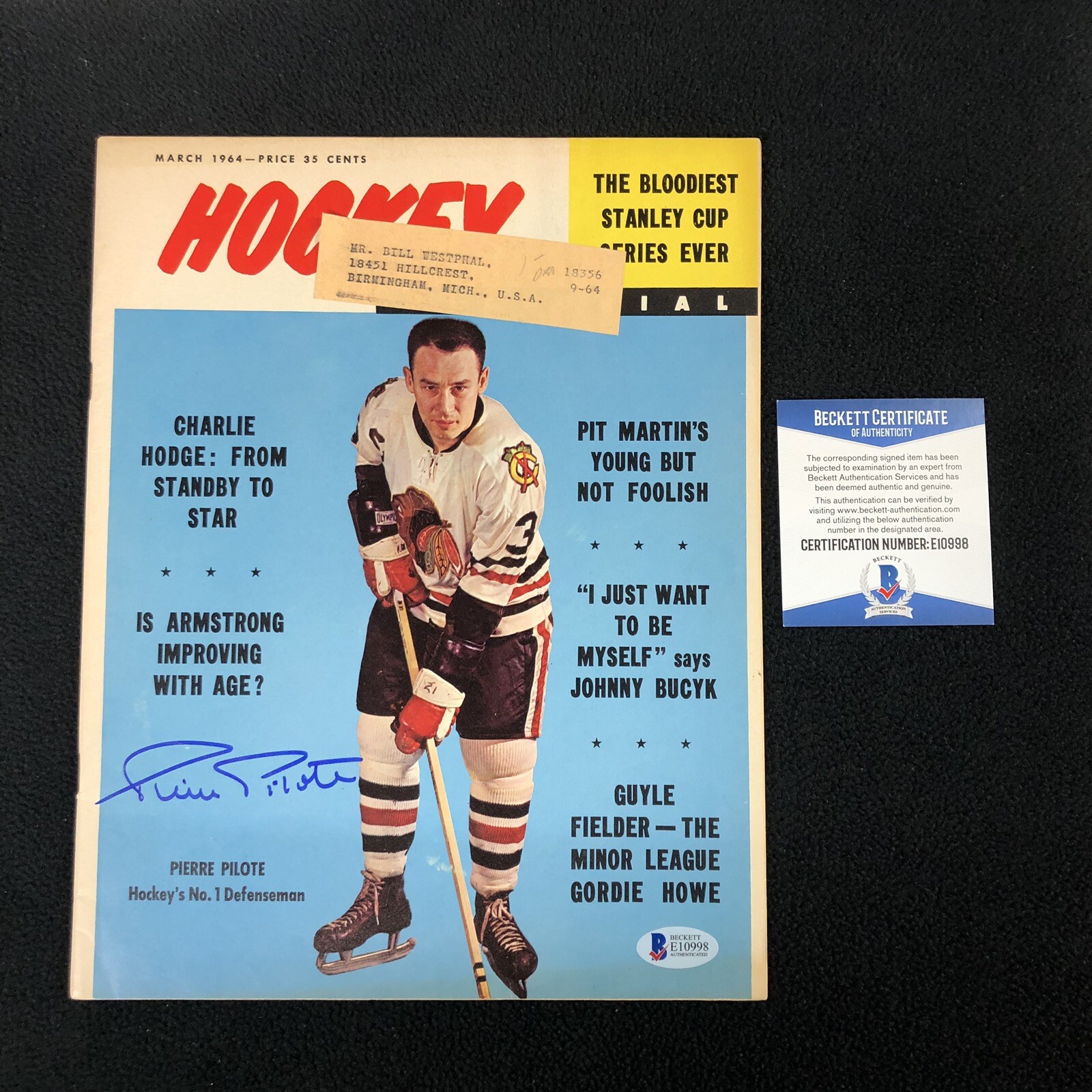 Pierre Pilote Signed Chicago Blackhawks Hockey Pictorial Magazine Beckett COA