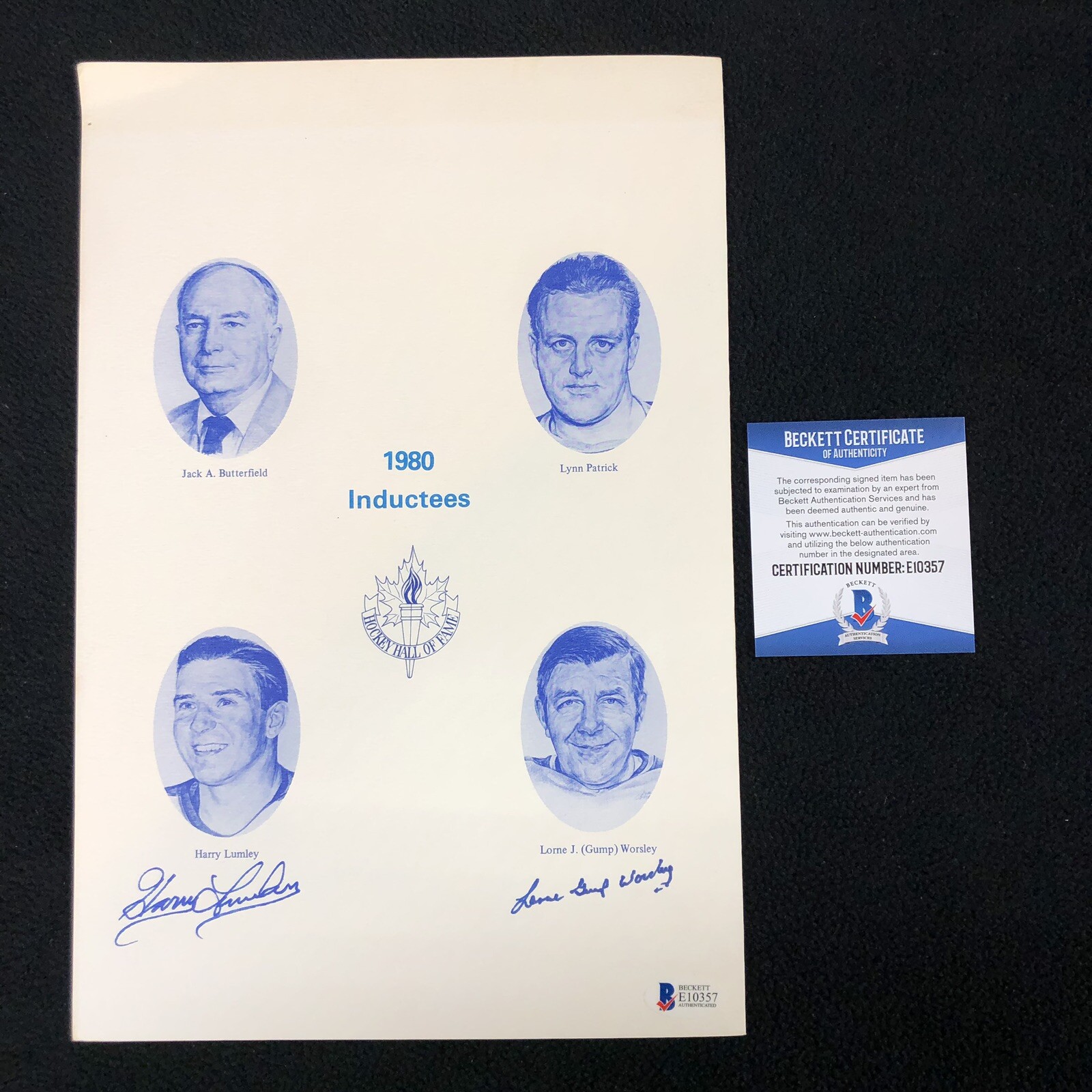 Harry Lumley & Lorne Gump Worsley Signed 1980 Hall Of Fame Program Beckett COA