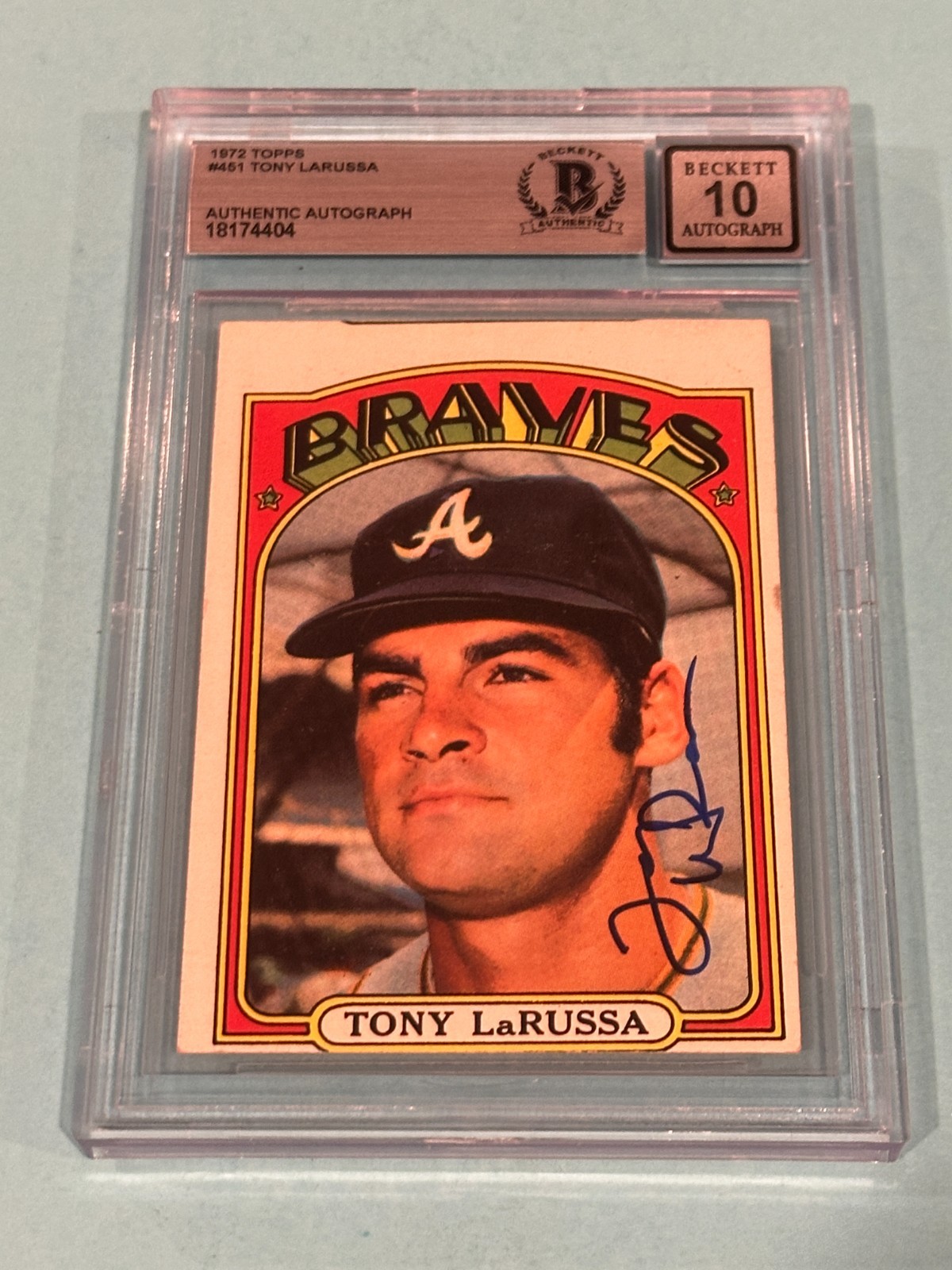 TONY LARUSSA Signed 1972 TOPPS Card #451 Beckett BAS AUTO 10