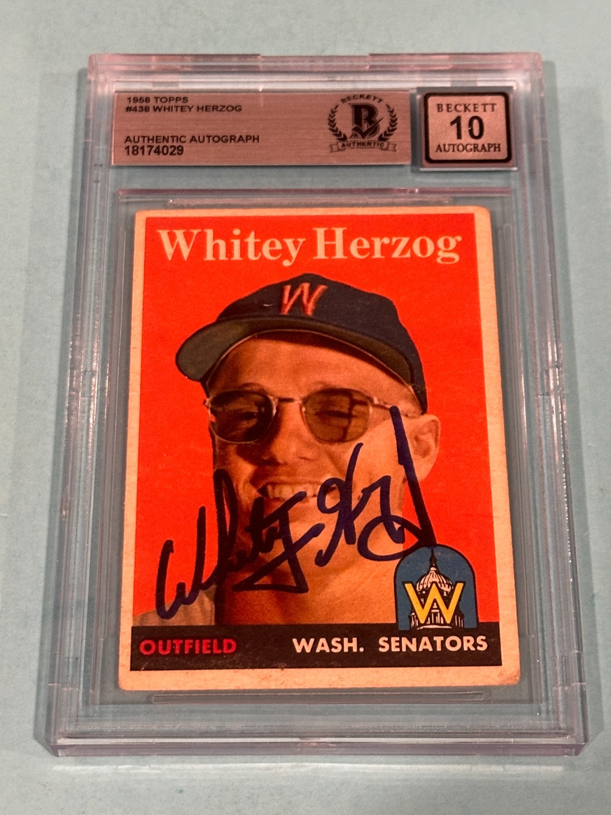 WHITEY HERZOG Signed 1958 TOPPS Card #438 Beckett BAS AUTO 10