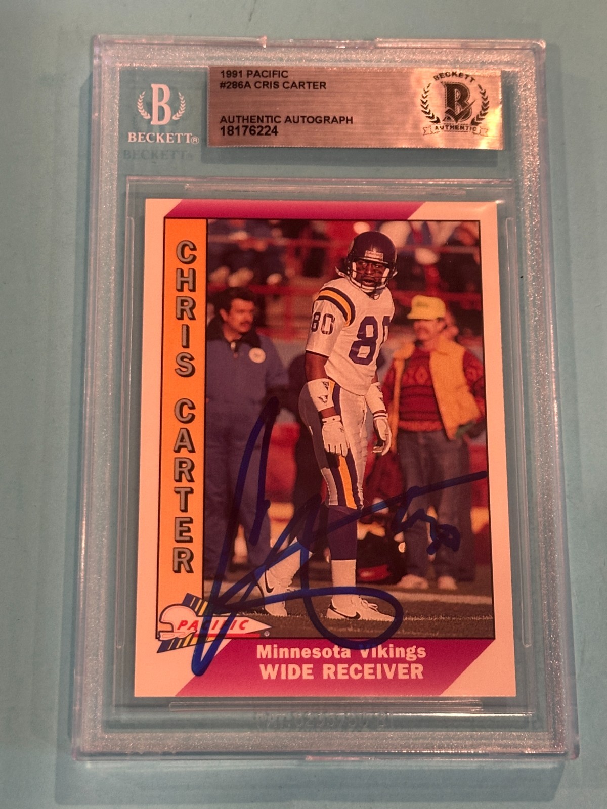 CRIS CARTER Signed 1991 PACIFIC Card #286A Beckett BAS