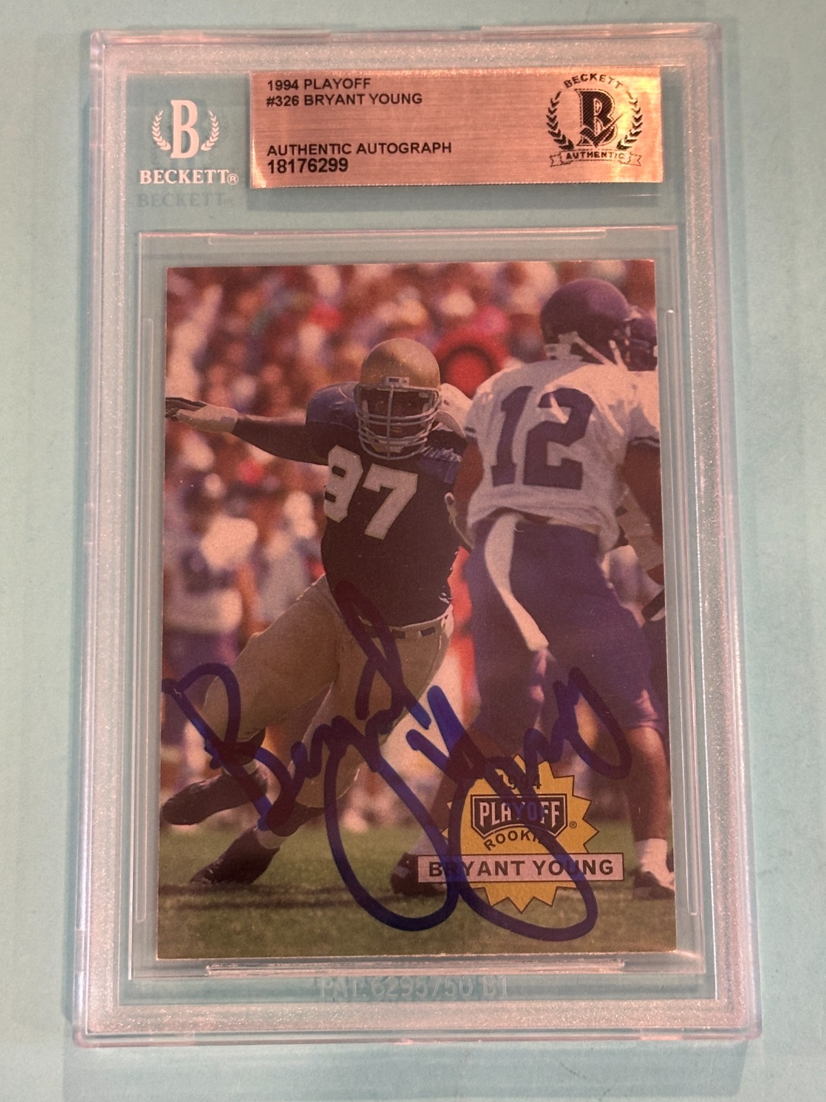 BRYANT YOUNG Signed 1994 PLAYOFF ROOKIE Card #326 Beckett BAS