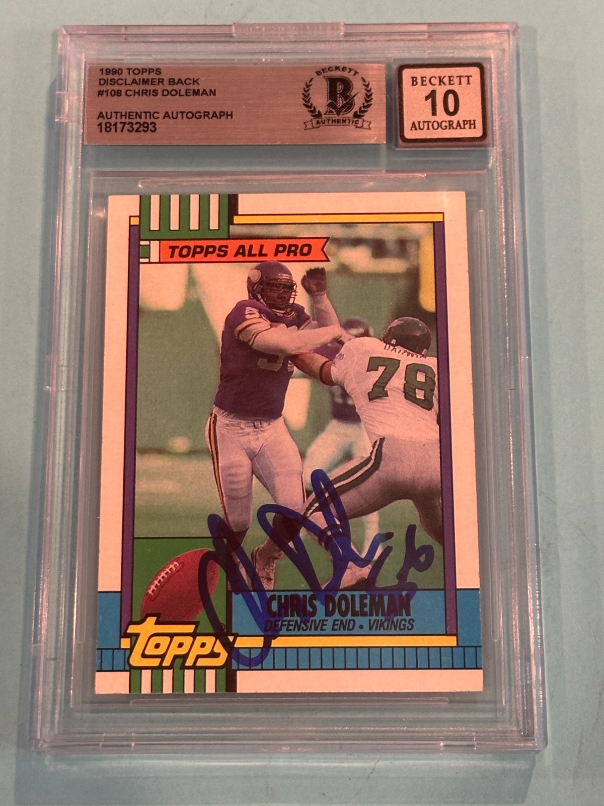 CHRIS DOLEMAN Signed 1990 TOPPS Card #108 Beckett BAS AUTO 10 disclaimer back