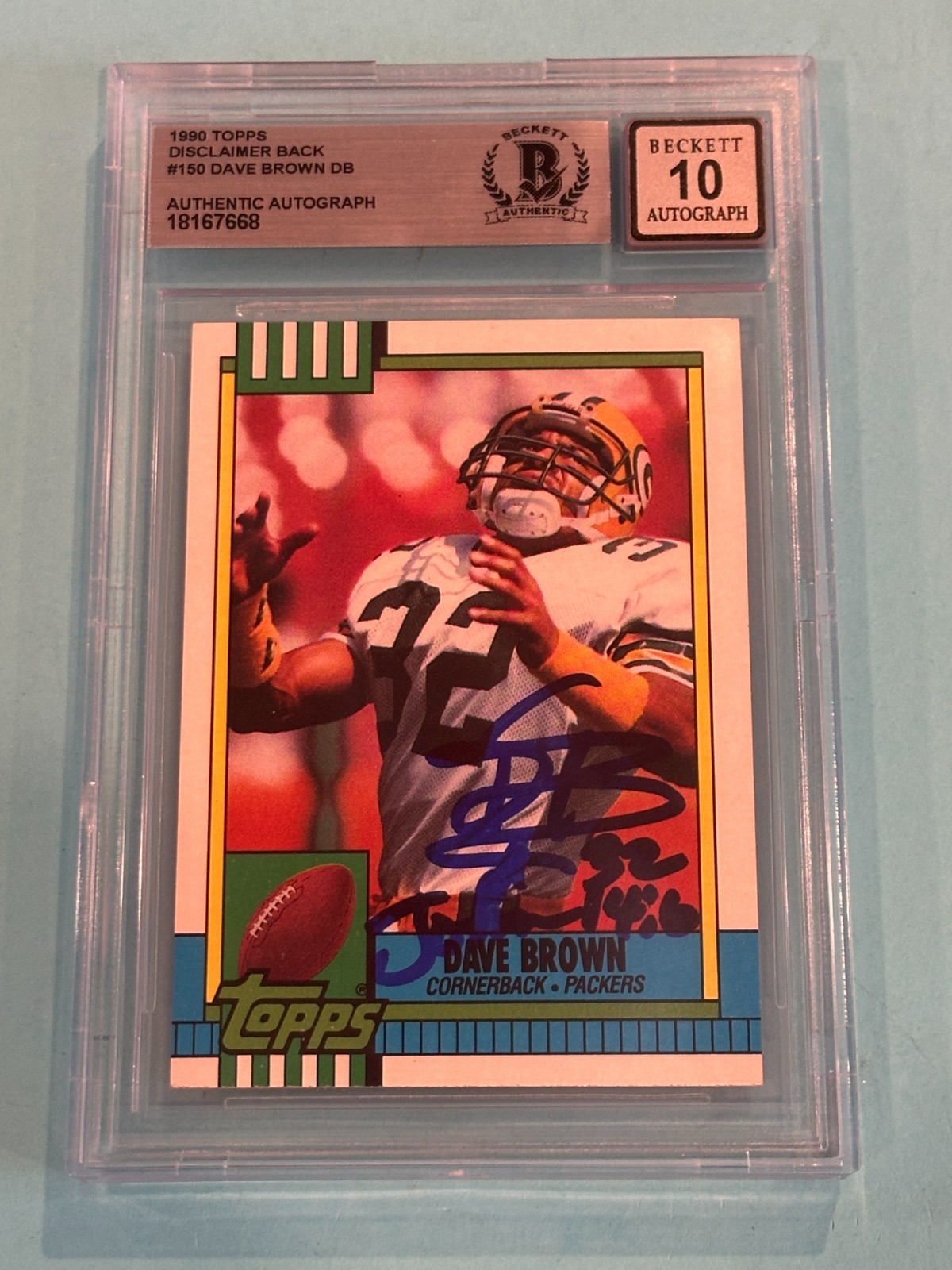 DAVE BROWN Signed 1990 TOPPS Card #150 Beckett BAS AUTO 10 disclaimer back