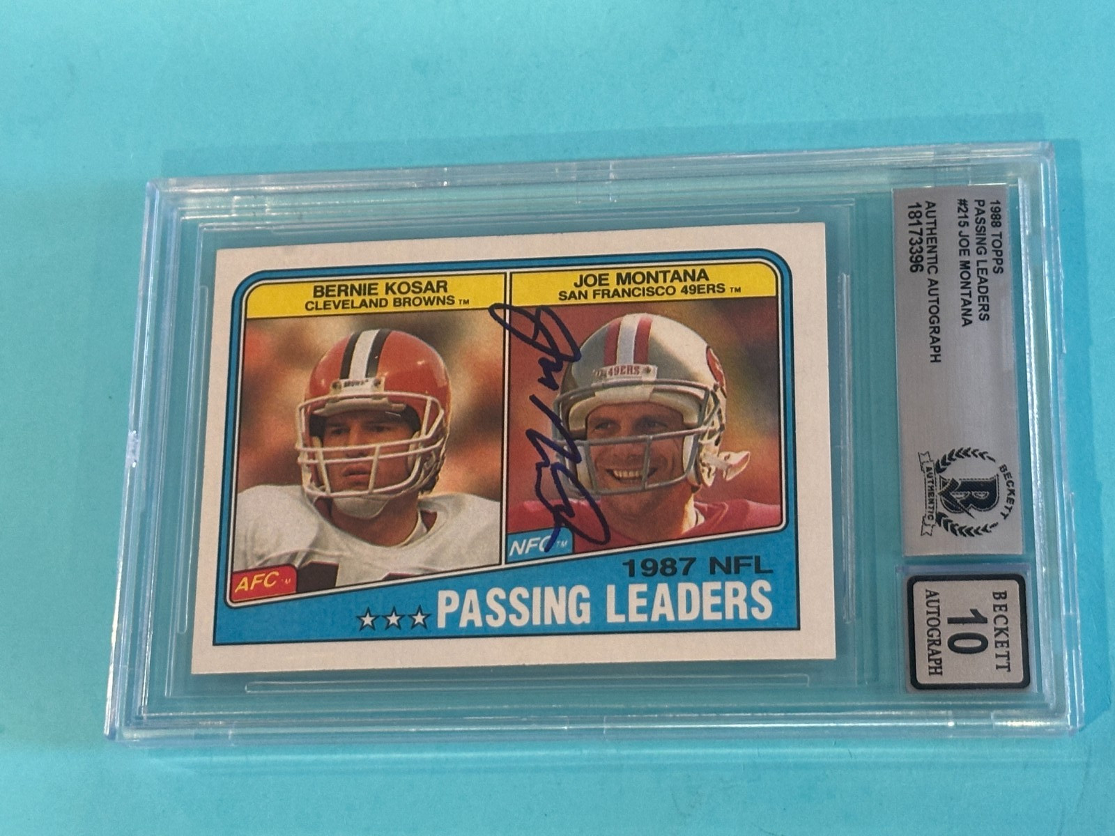 JOE MONTANA Signed 1988 TOPPS Card #215 PASSING LEADERS BAS AUTO 10