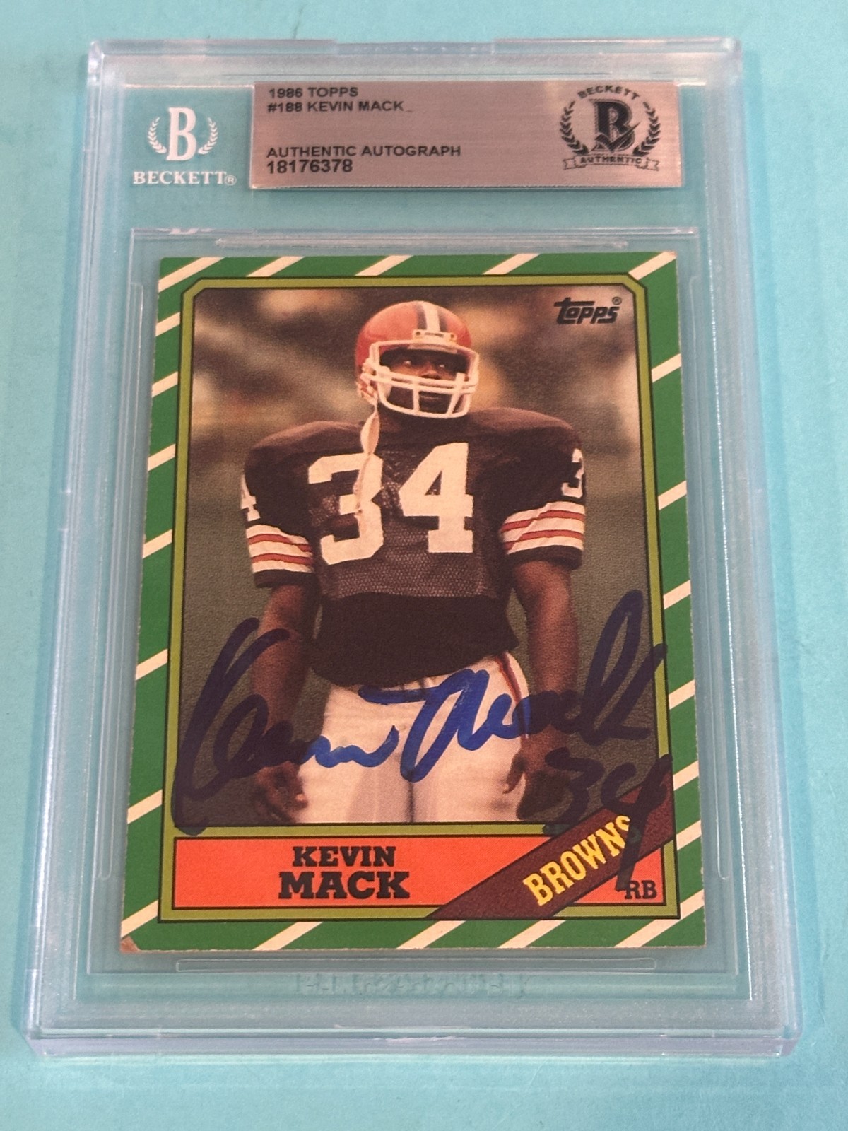 KEVIN MACK Signed 1986 TOPPS Card #188 Beckett BAS