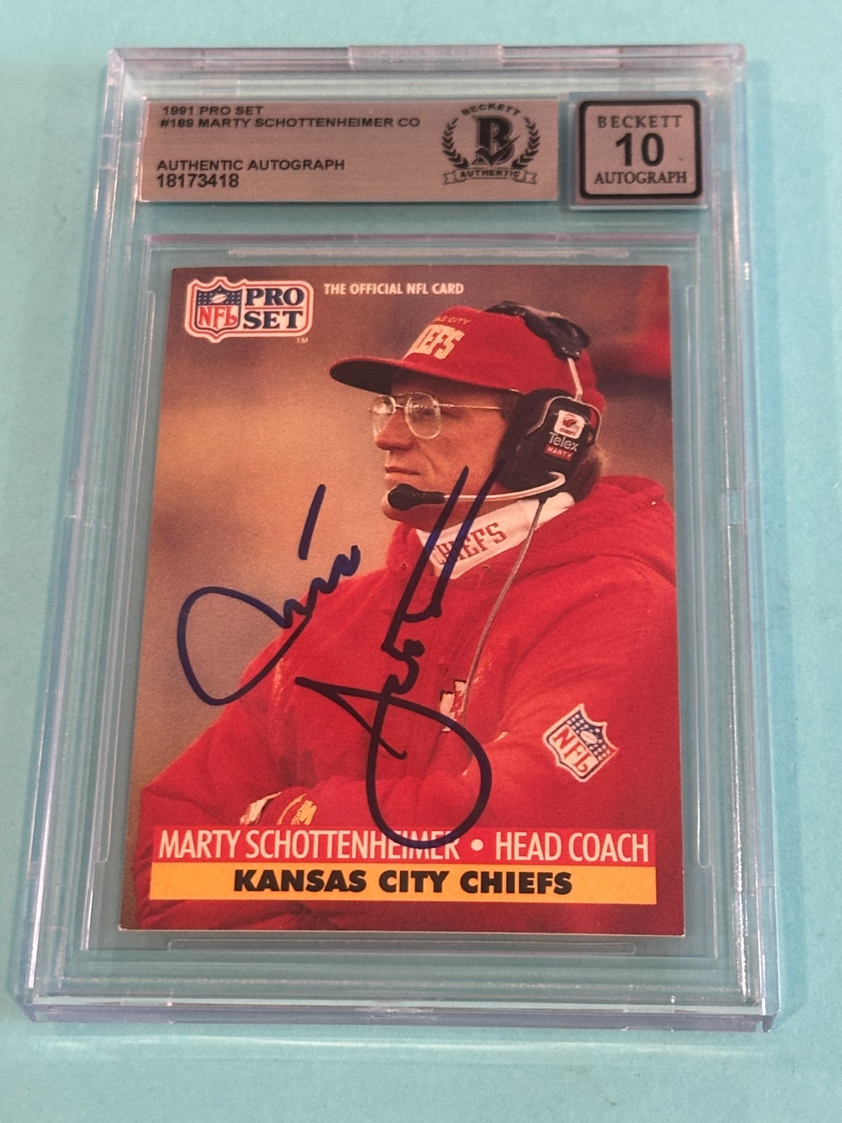 MARTY SCHOTTENHEIMER Signed 1991 PRO SET Card #189 Beckett BAS AUTO 10