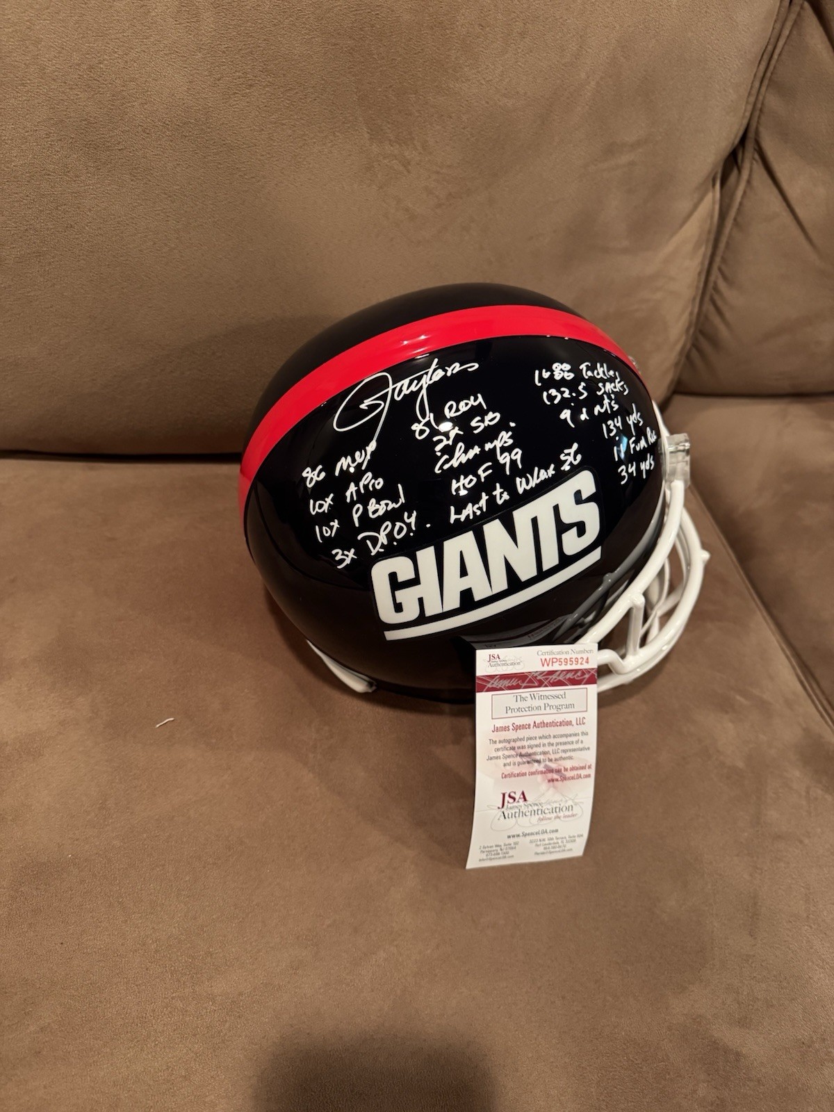 RARE LAWRENCE TAYLOR SIGNED GIANTS FULL SIZE STAT HELMET JSA 15 INSCRIPTIONS WOW