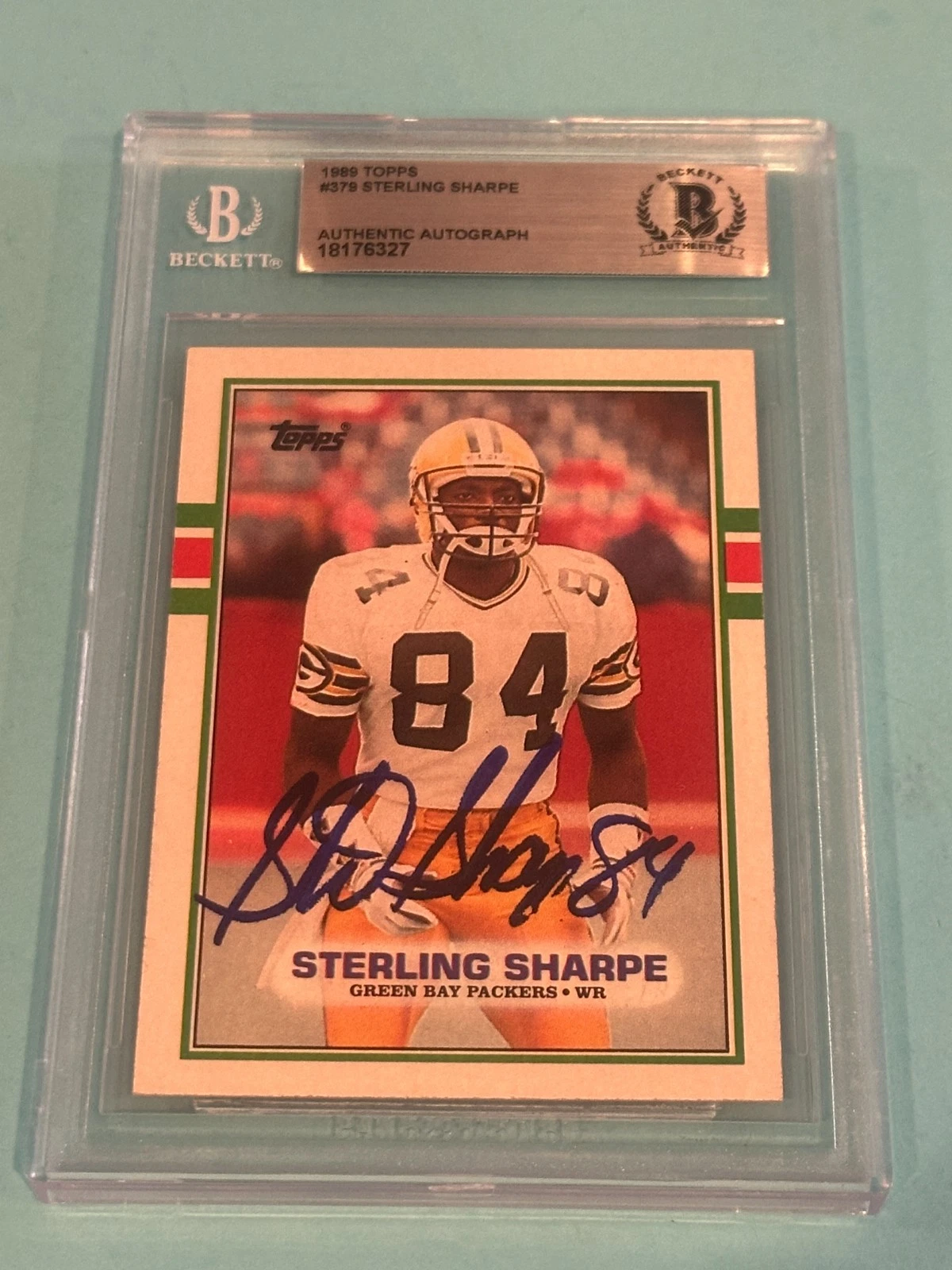 STERLING SHARPE Signed 1989  TOPPS ROOKIE Card #379 Beckett (BAS)