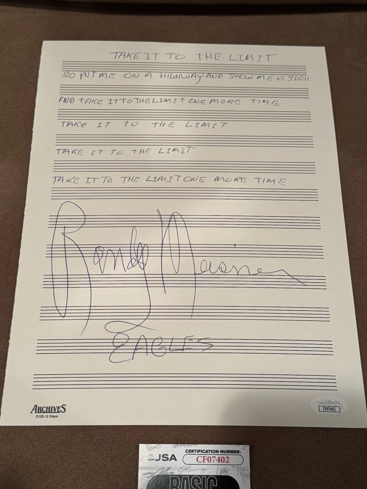 Randy Meisner Signed Autographed Take it to the Limit Lyrics JSA The Eagles