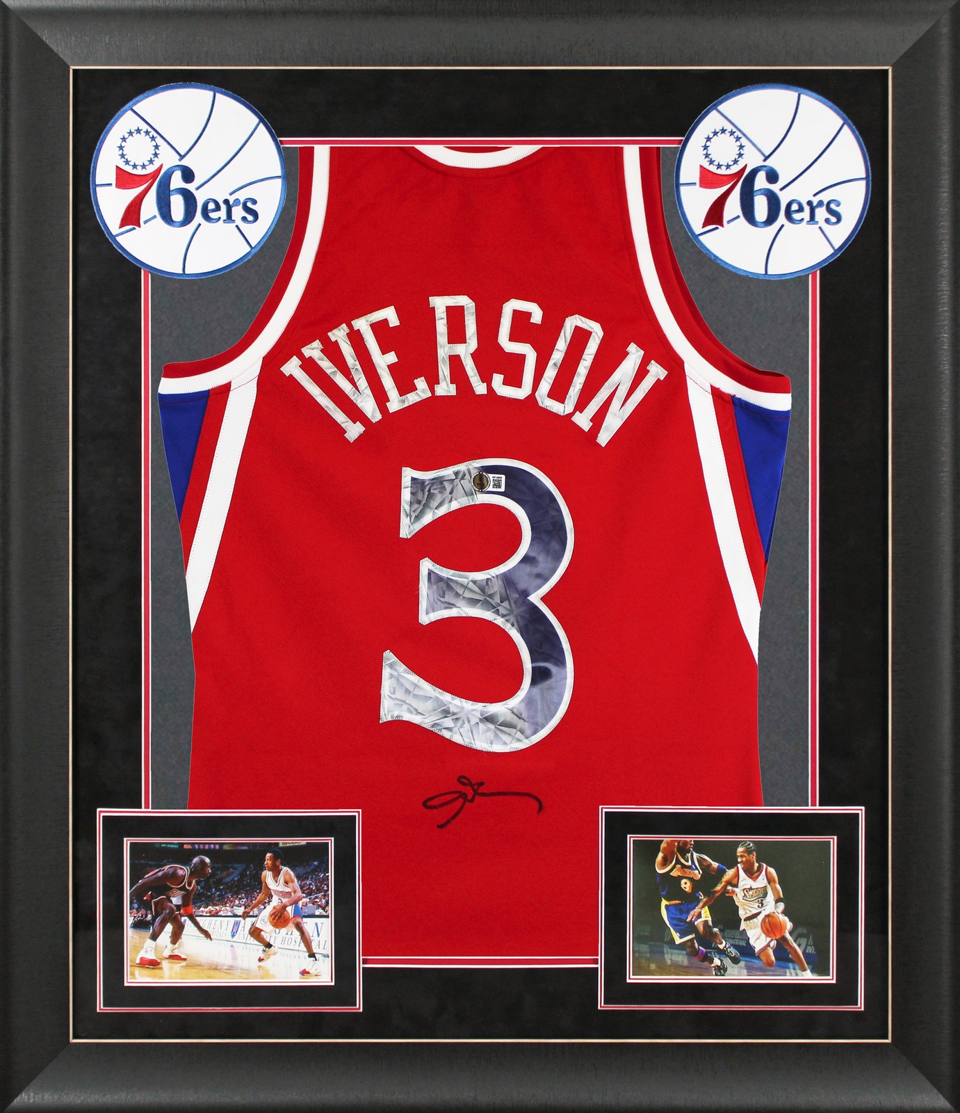 76ers Allen Iverson Signed Red 75th Ann M&N 96-97 HWC Swingman Framed Jersey BAS